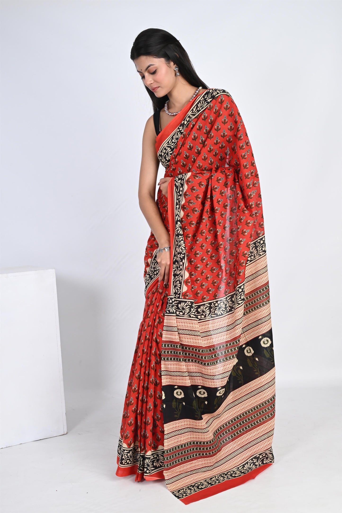 Rose Red Handblock Printed Pure Cotton Kalamkari Saree - The House of RajPadmini