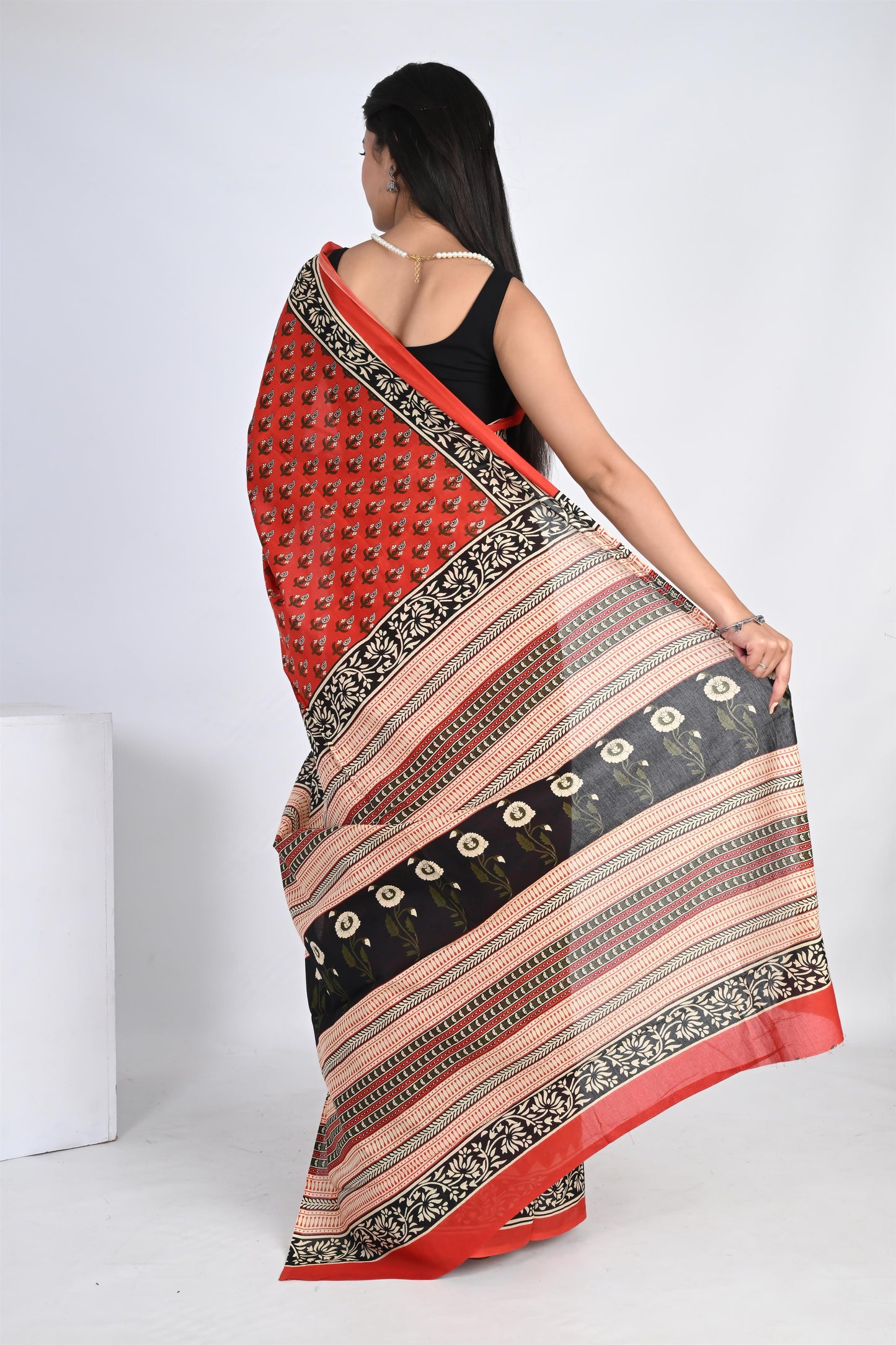 Rose Red Handblock Printed Pure Cotton Kalamkari Saree - The House of RajPadmini