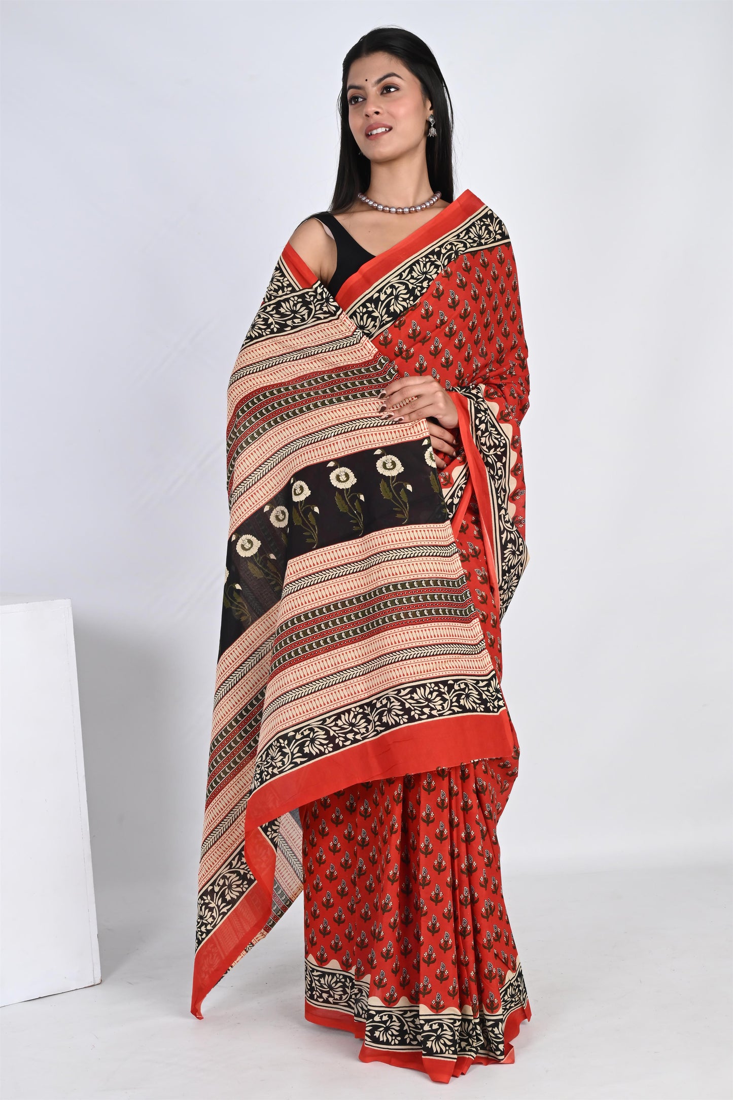 Rose Red Handblock Printed Pure Cotton Kalamkari Saree - The House of RajPadmini