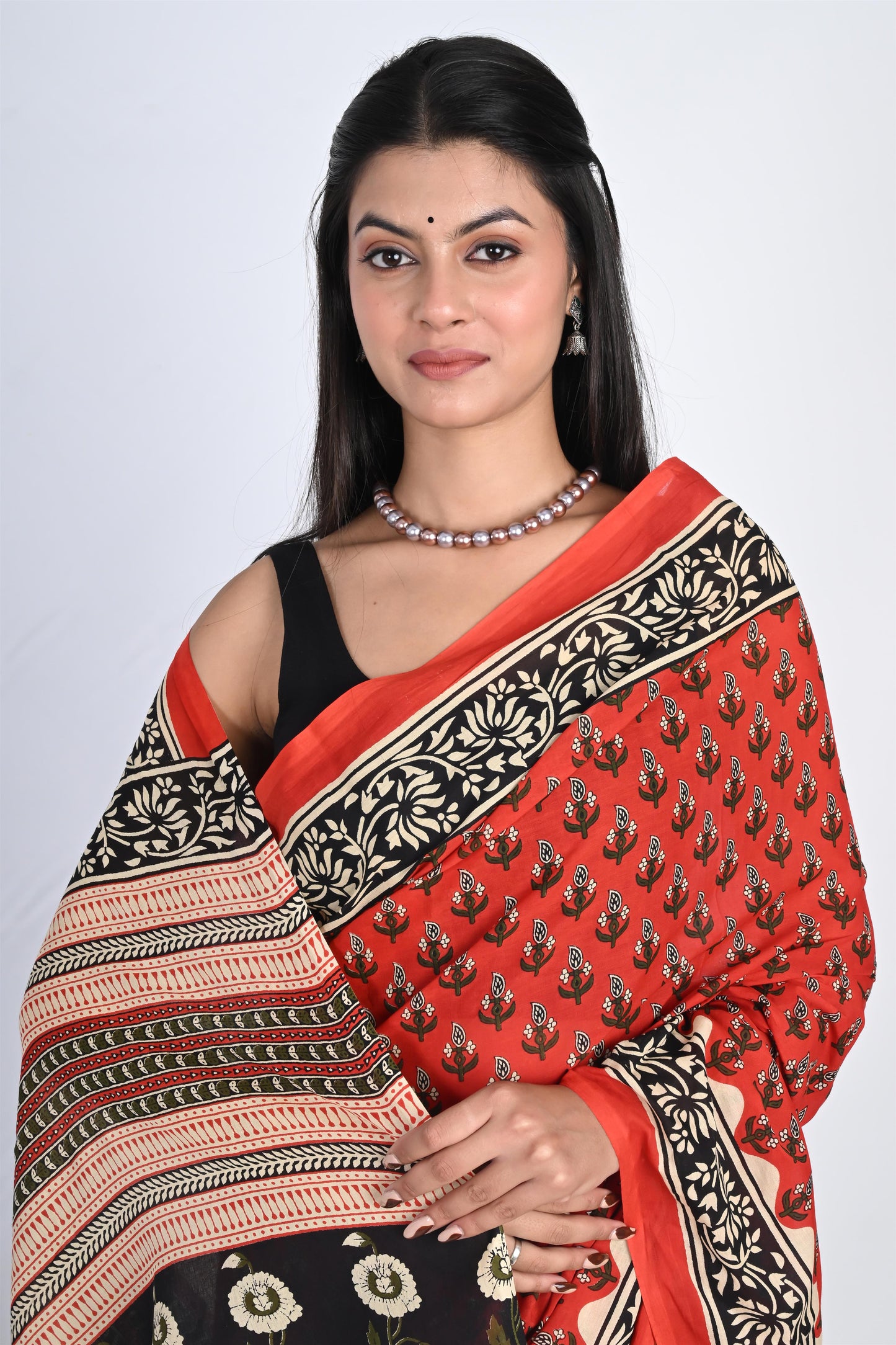 Rose Red Handblock Printed Pure Cotton Kalamkari Saree - The House of RajPadmini