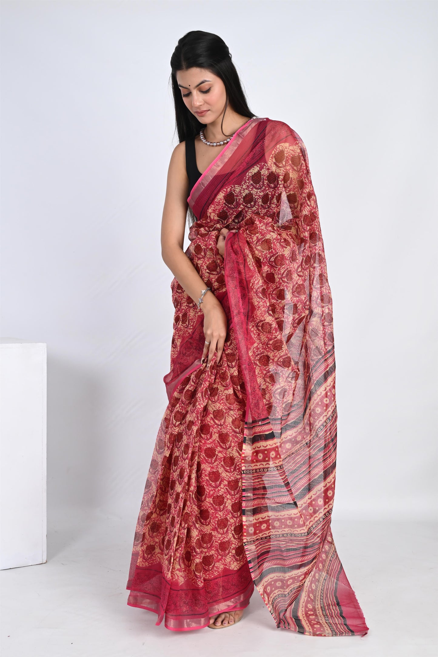 Pinkish Red Hand Block Printed Kota Doria Saree - The House of RajPadmini