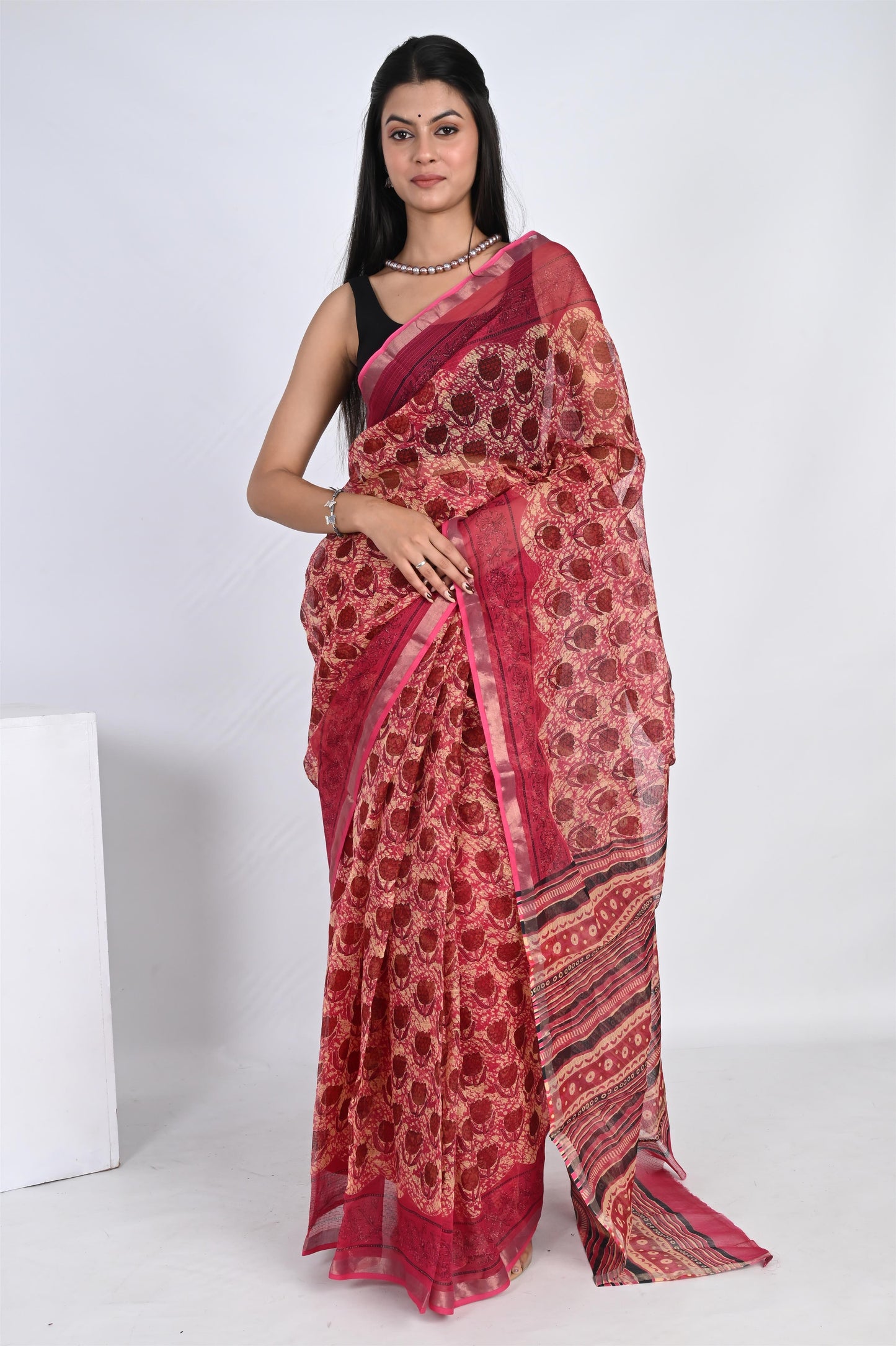 Pinkish Red Hand Block Printed Kota Doria Saree - The House of RajPadmini