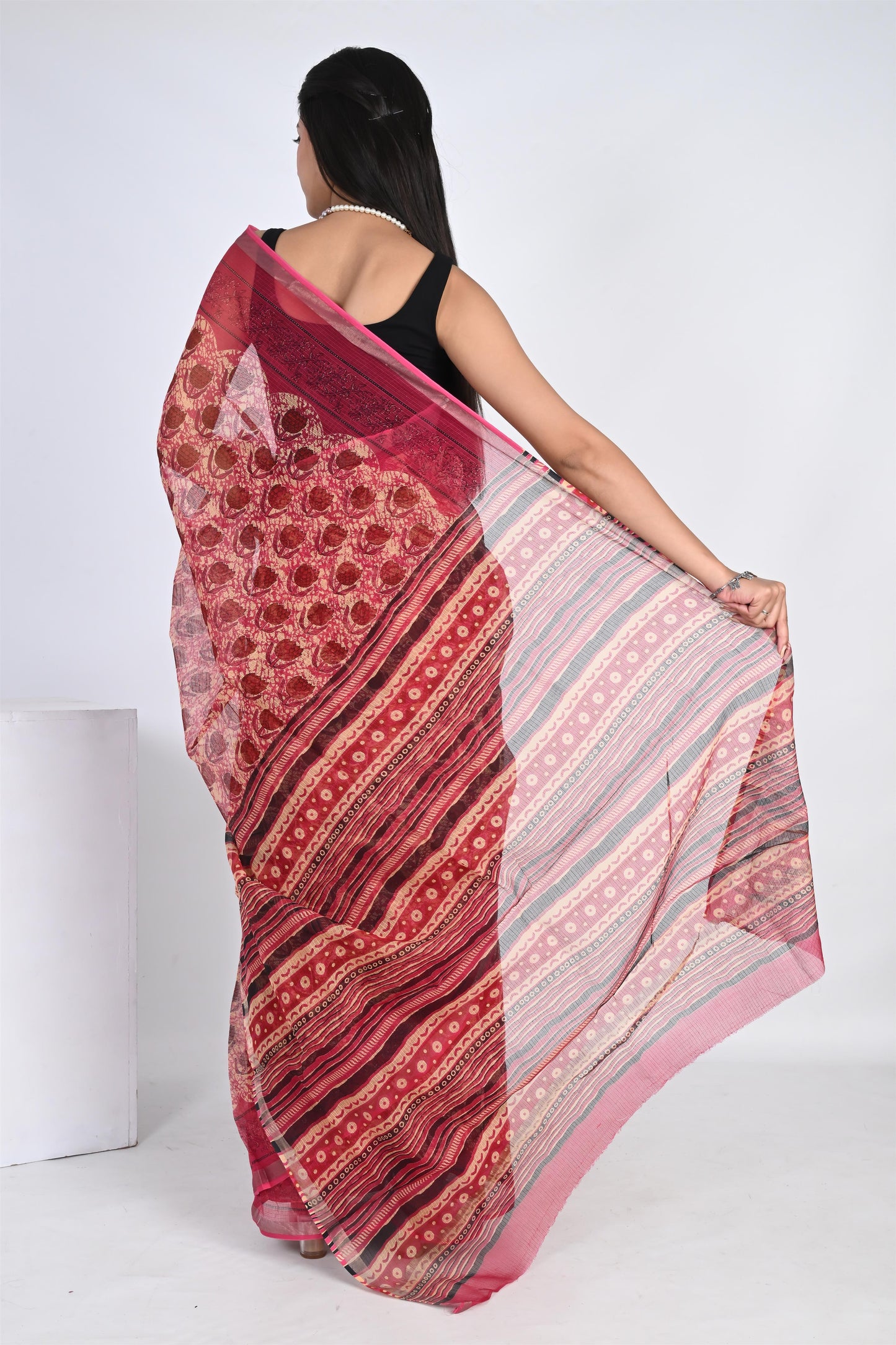 Pinkish Red Hand Block Printed Kota Doria Saree - The House of RajPadmini