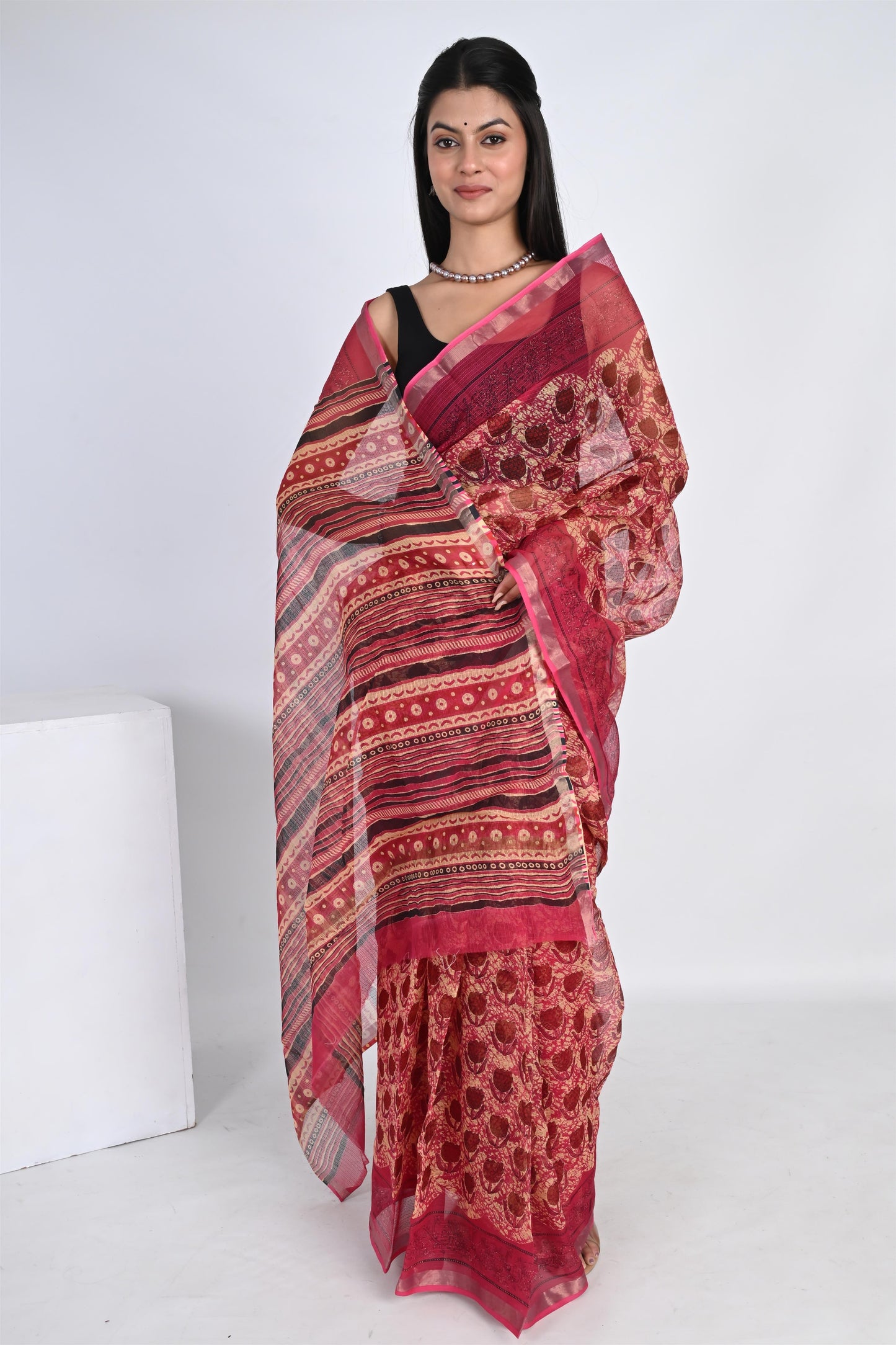 Pinkish Red Hand Block Printed Kota Doria Saree - The House of RajPadmini