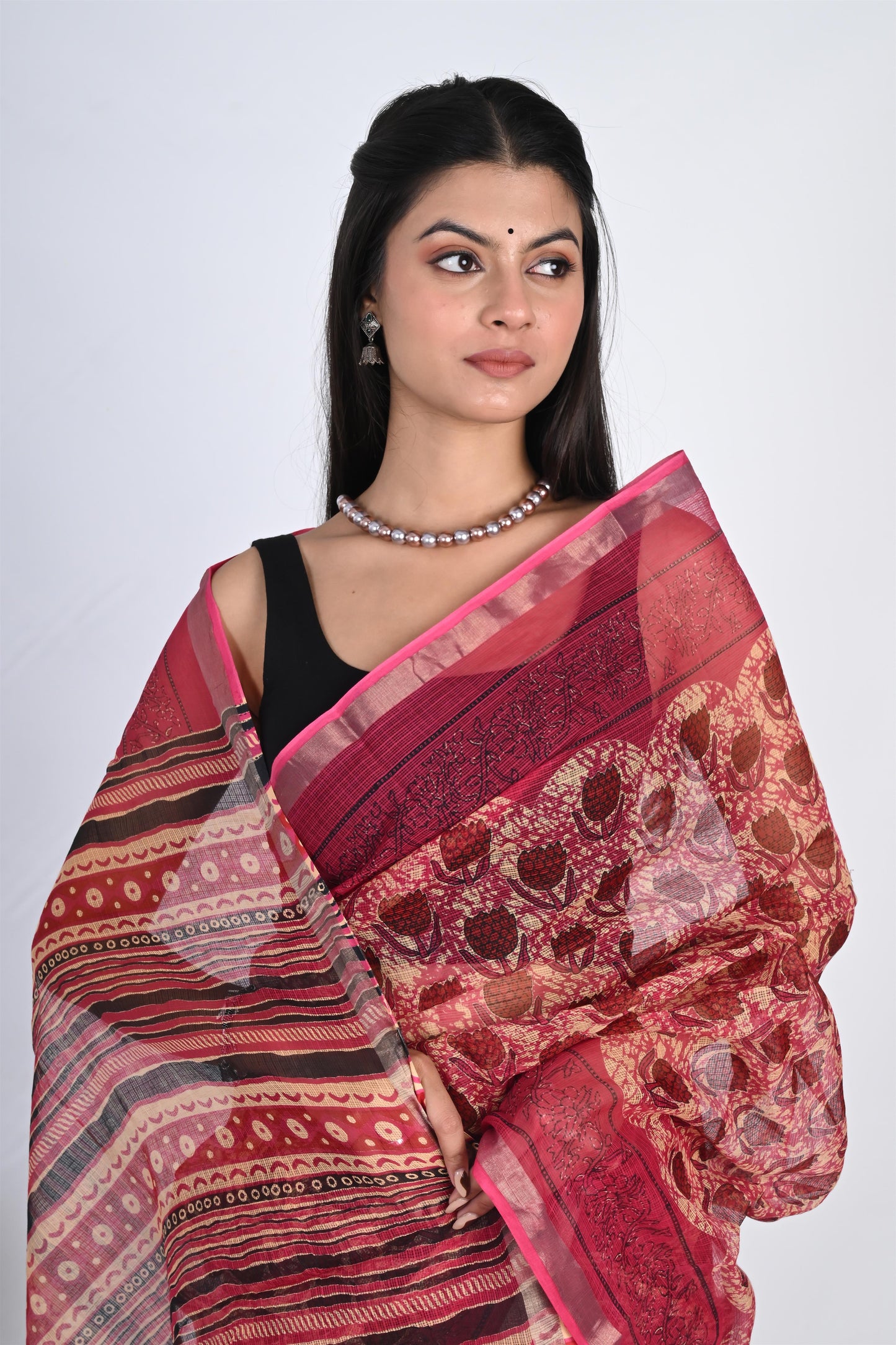 Pinkish Red Hand Block Printed Kota Doria Saree - The House of RajPadmini