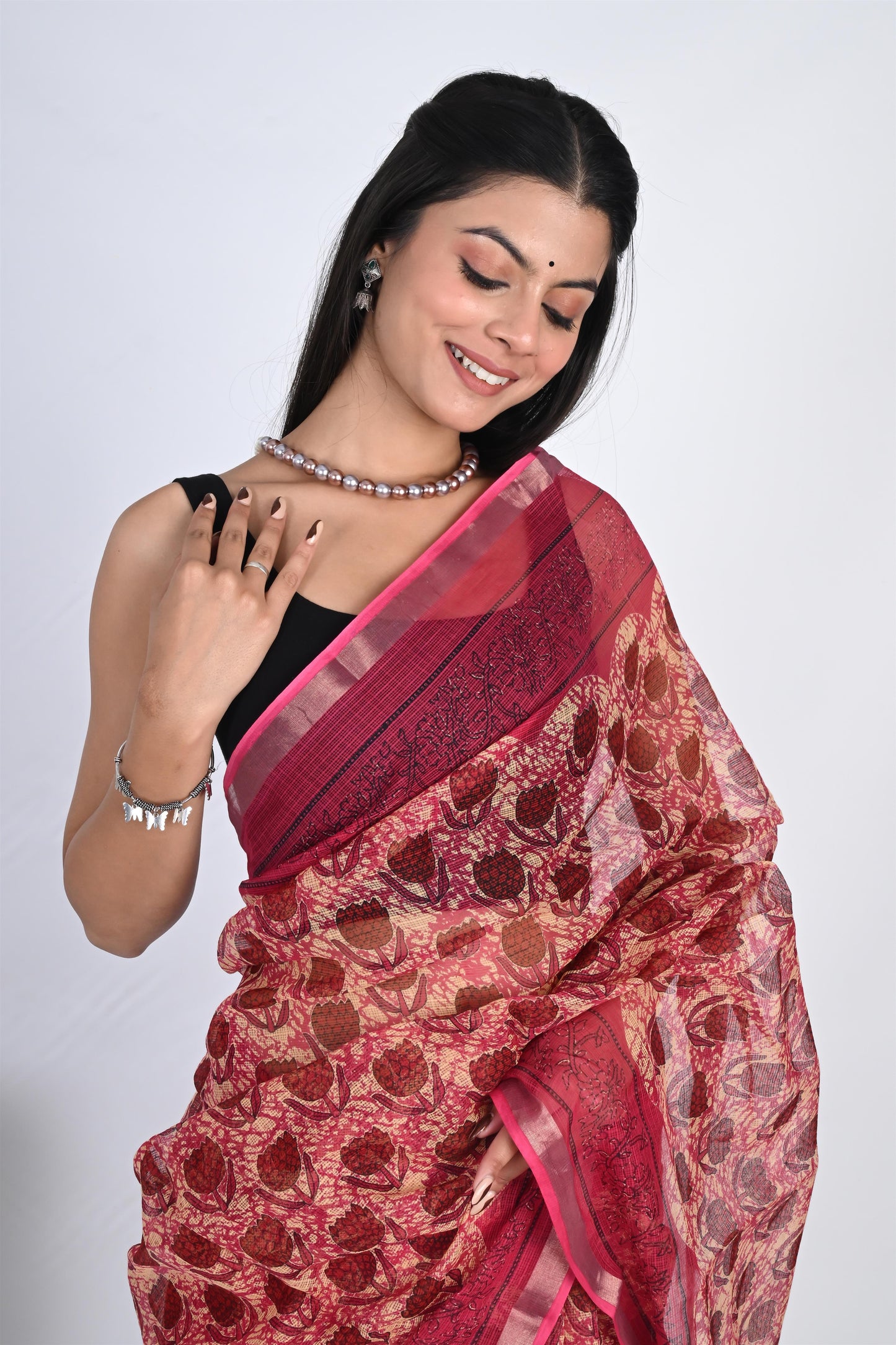 Pinkish Red Hand Block Printed Kota Doria Saree - The House of RajPadmini