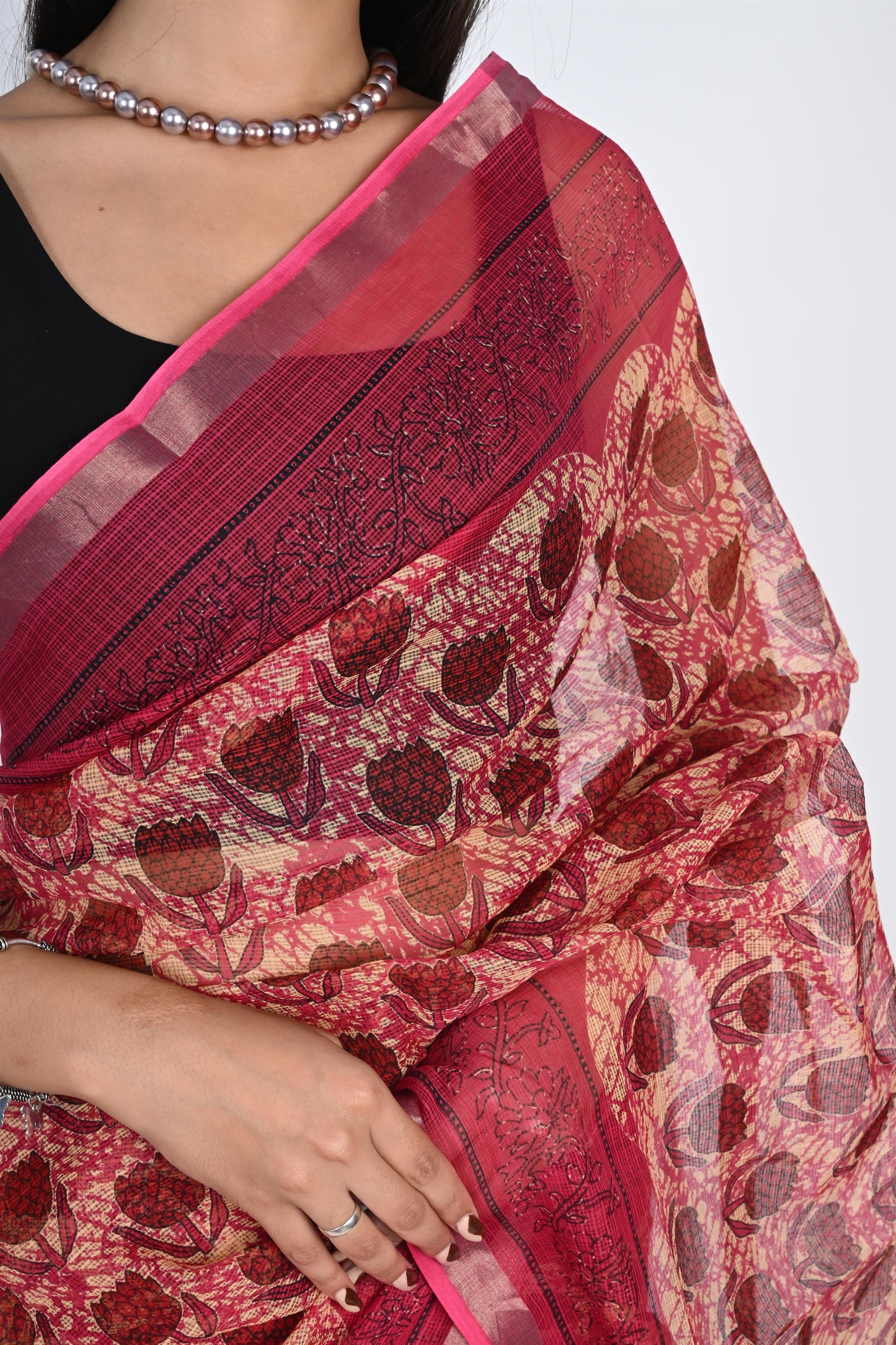 Pinkish Red Hand Block Printed Kota Doria Saree - The House of RajPadmini