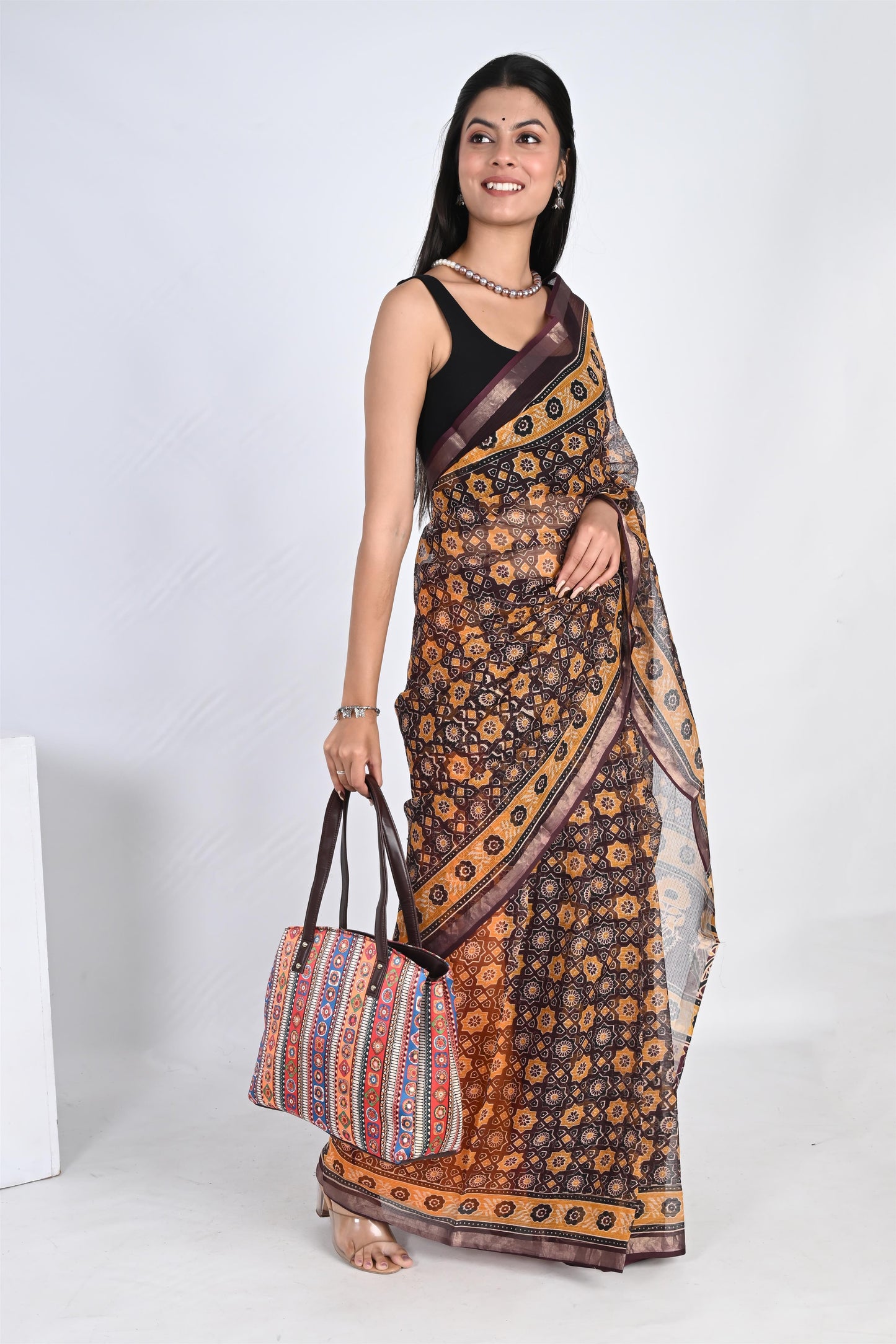 Coffee Brown Hand Block Printed Kota Doria Saree - The House of RajPadmini
