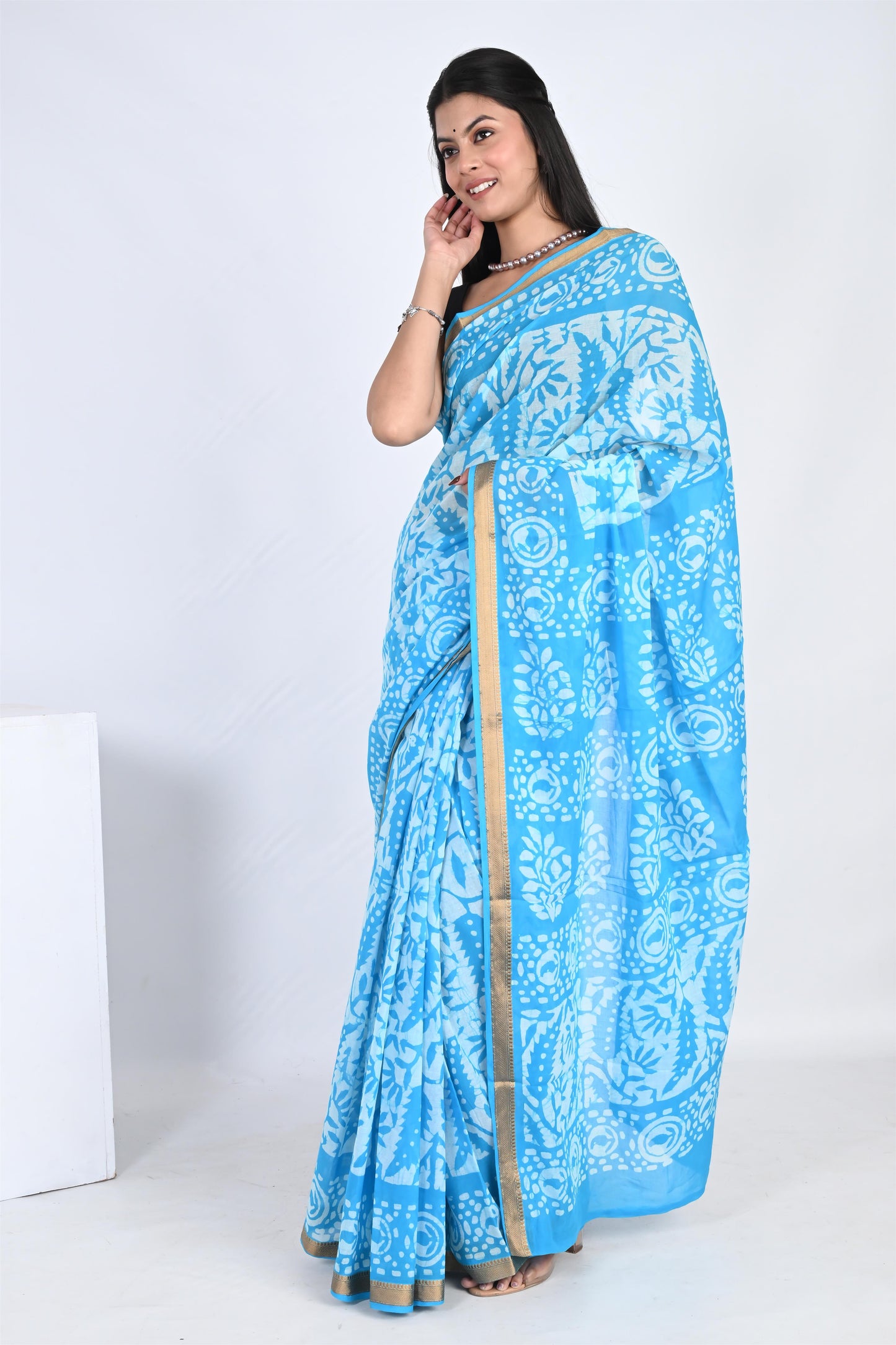 Batik Print Azure Blue Pure Cotton Saree - The House of RajPadmini