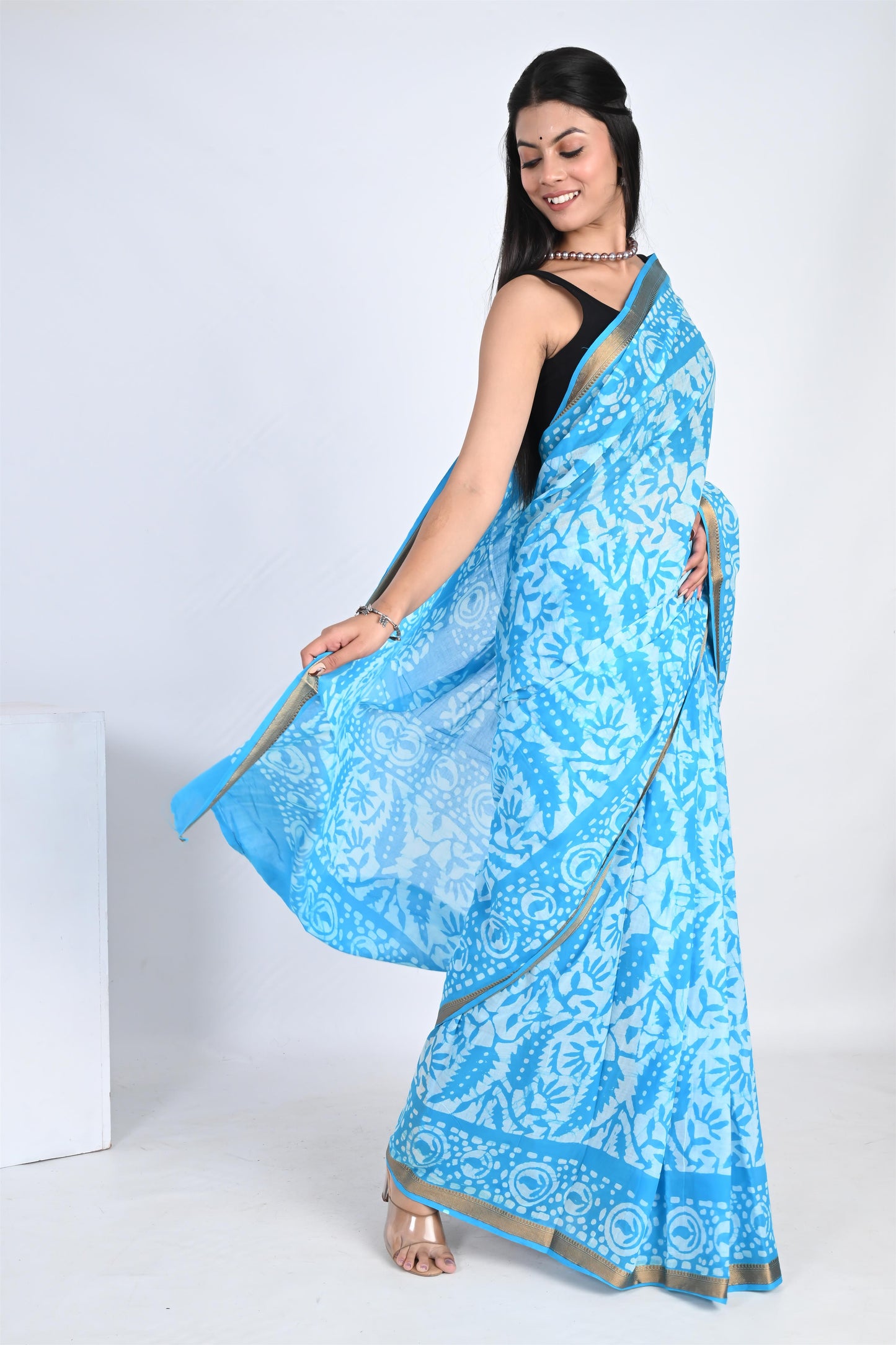 Batik Print Azure Blue Pure Cotton Saree - The House of RajPadmini