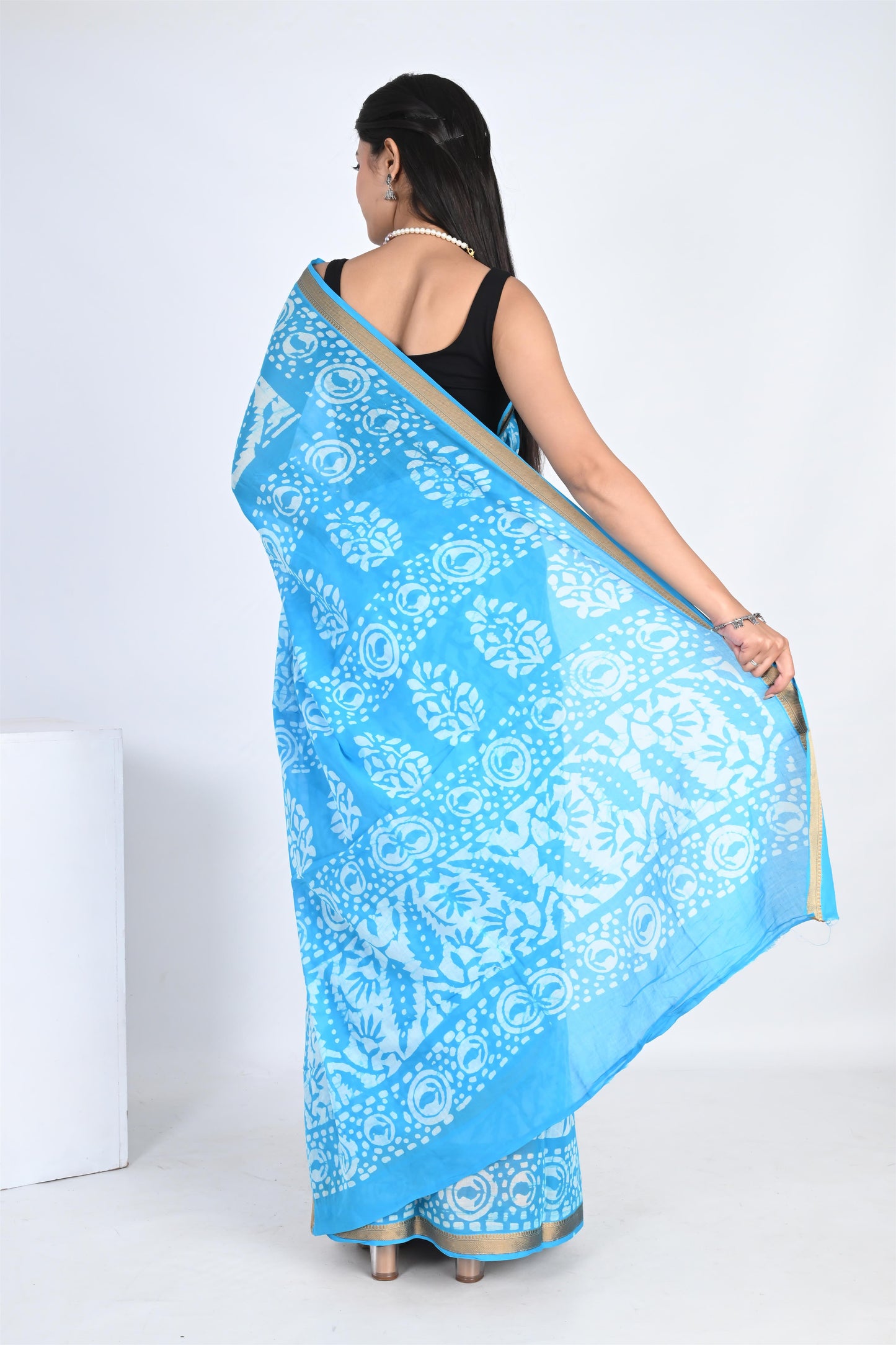 Batik Print Azure Blue Pure Cotton Saree - The House of RajPadmini