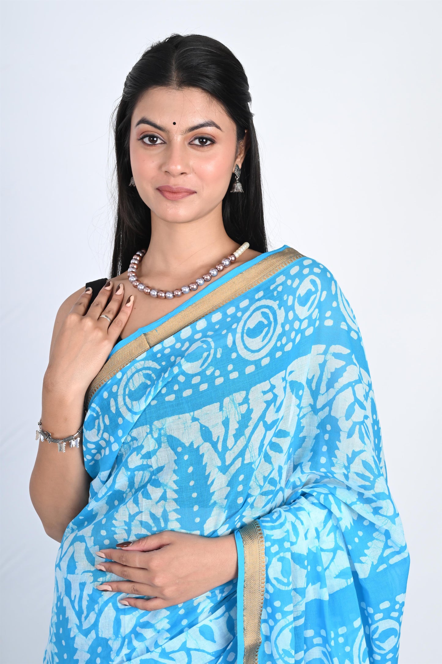 Batik Print Azure Blue Pure Cotton Saree - The House of RajPadmini