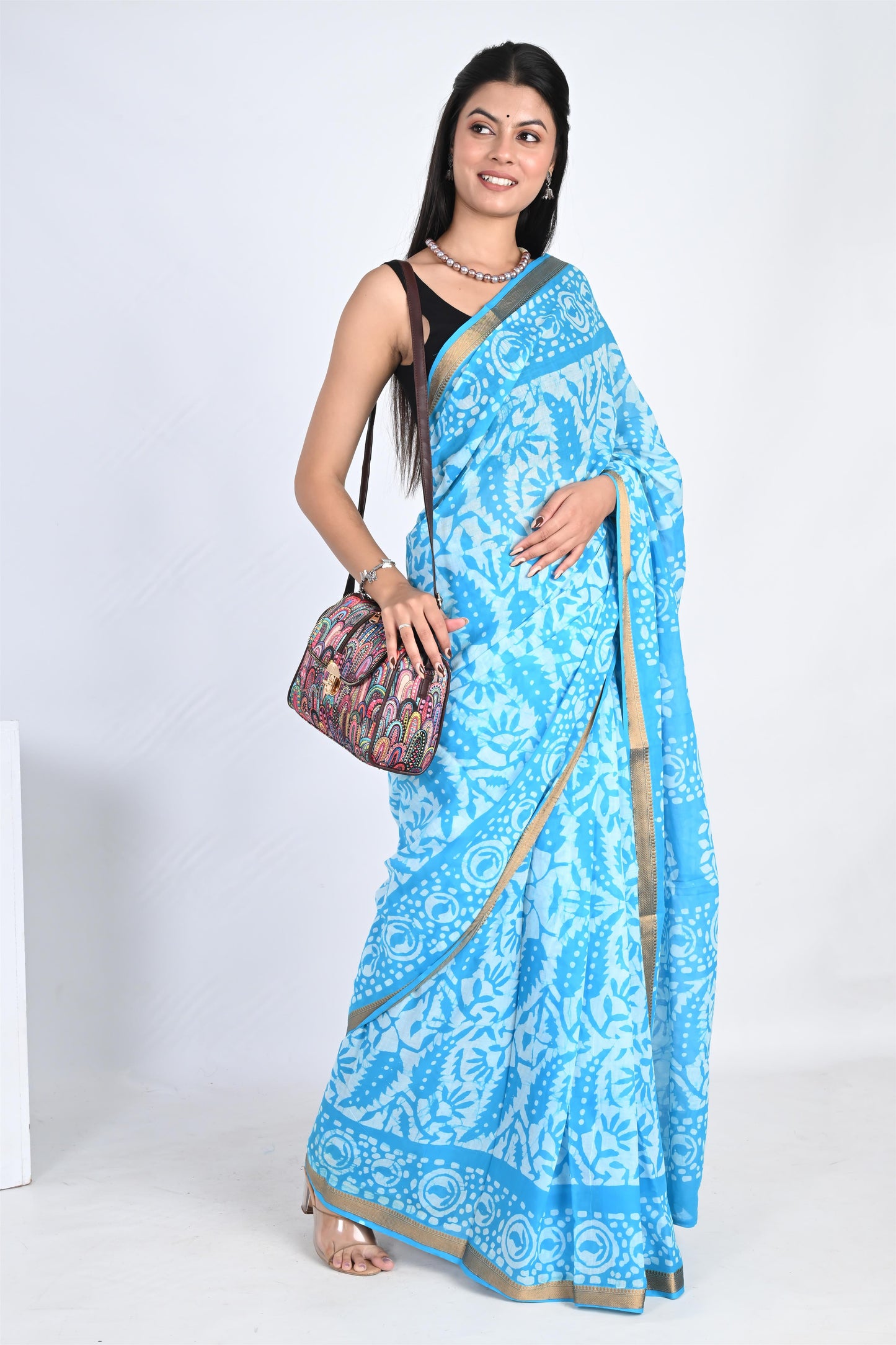 Batik Print Azure Blue Pure Cotton Saree - The House of RajPadmini