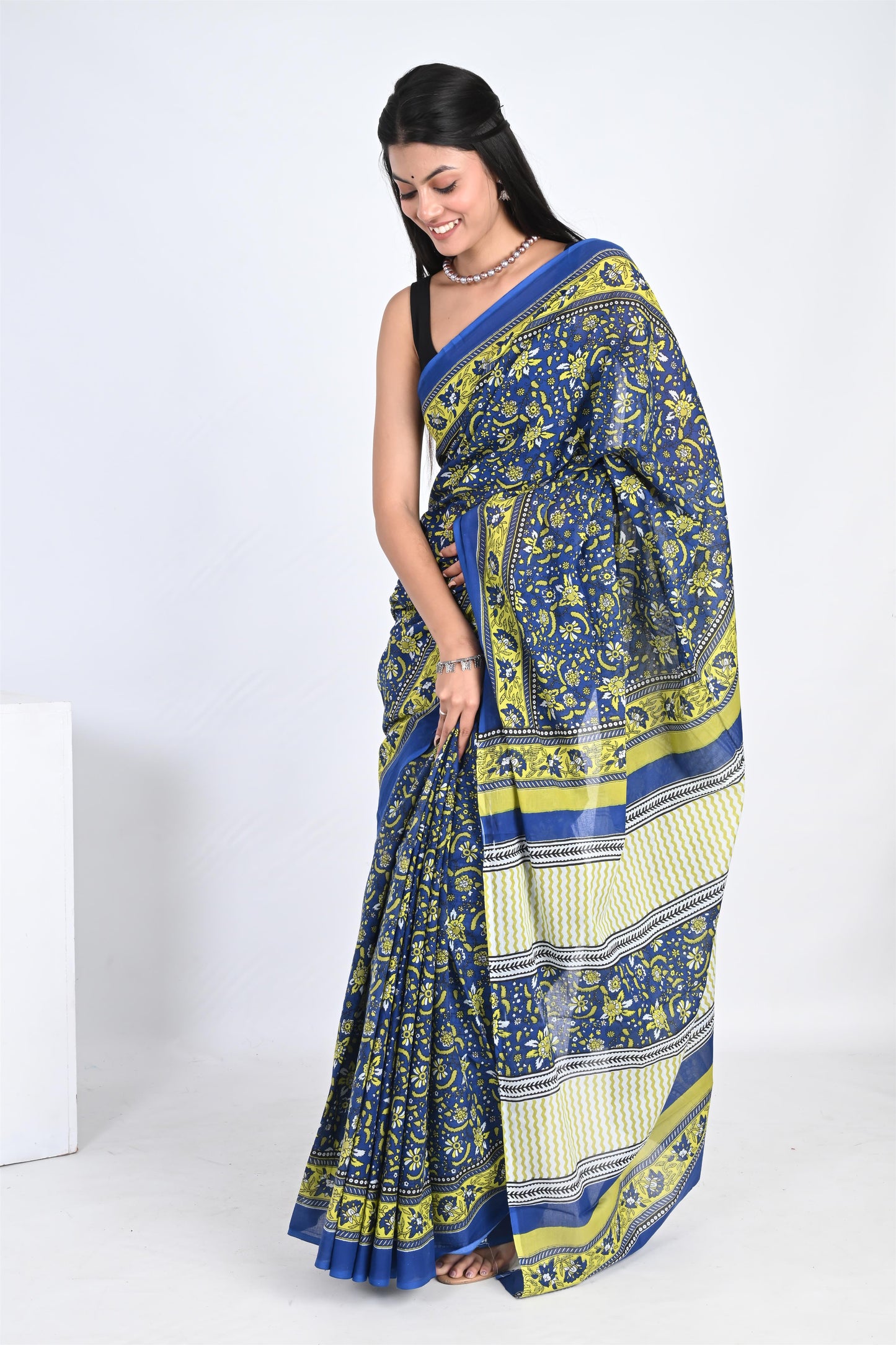 Icy Blue Handblock Printed Pure Cotton Kalamkari Saree - The House of RajPadmini