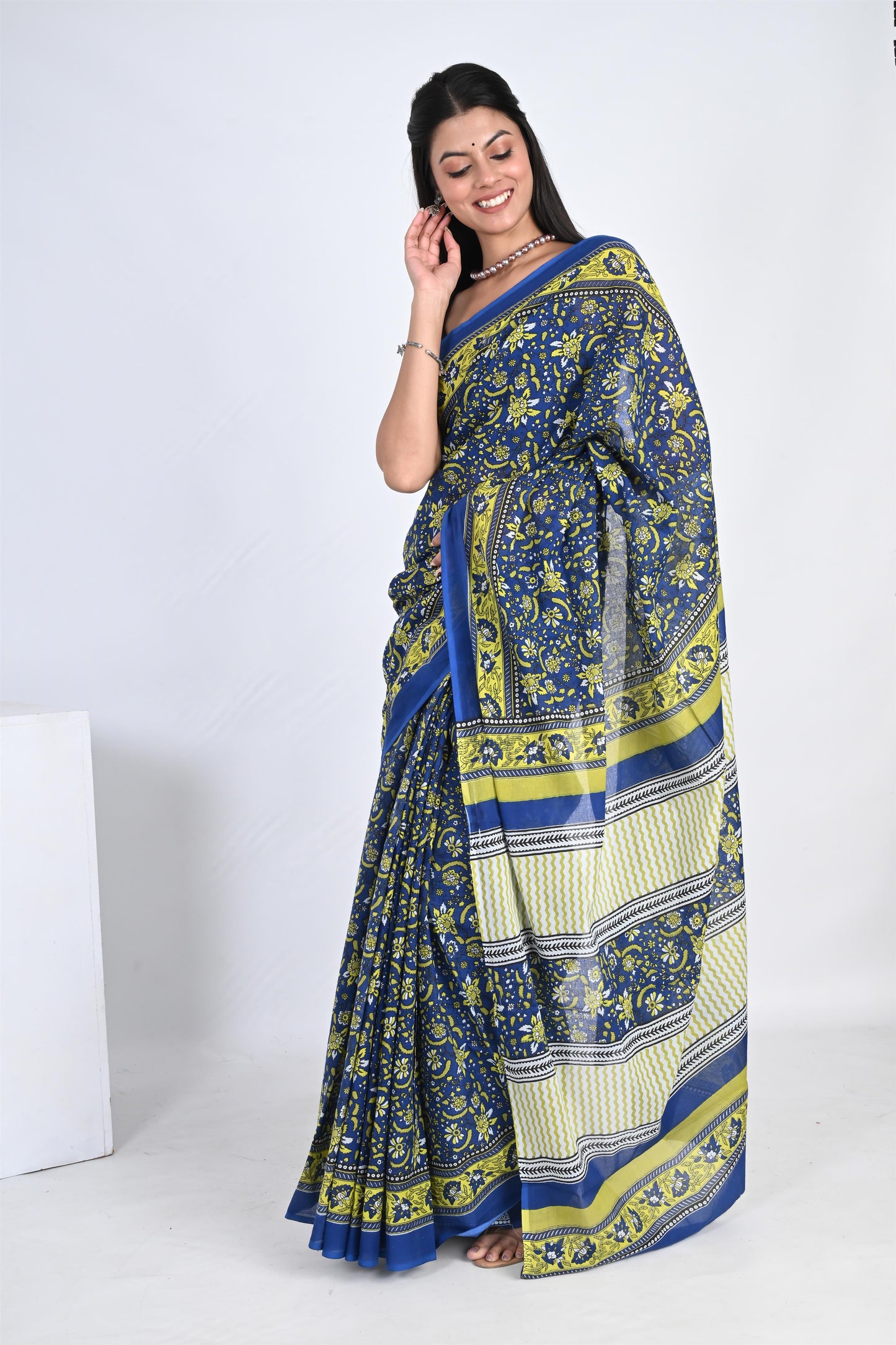 Icy Blue Handblock Printed Pure Cotton Kalamkari Saree - The House of RajPadmini