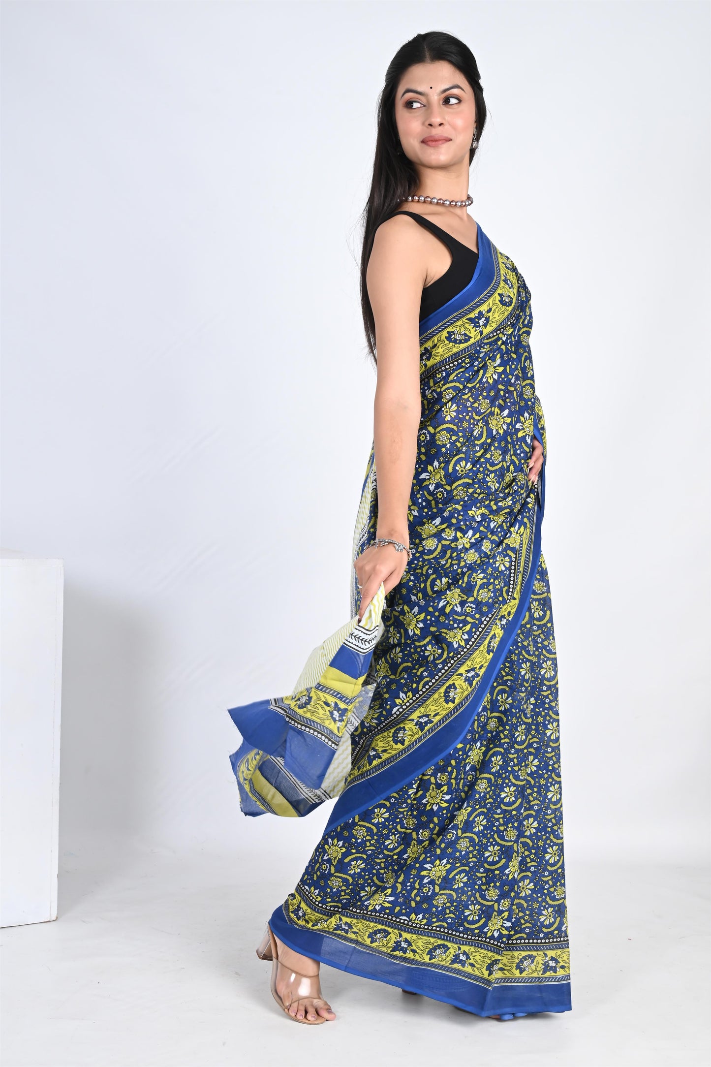 Icy Blue Handblock Printed Pure Cotton Kalamkari Saree - The House of RajPadmini