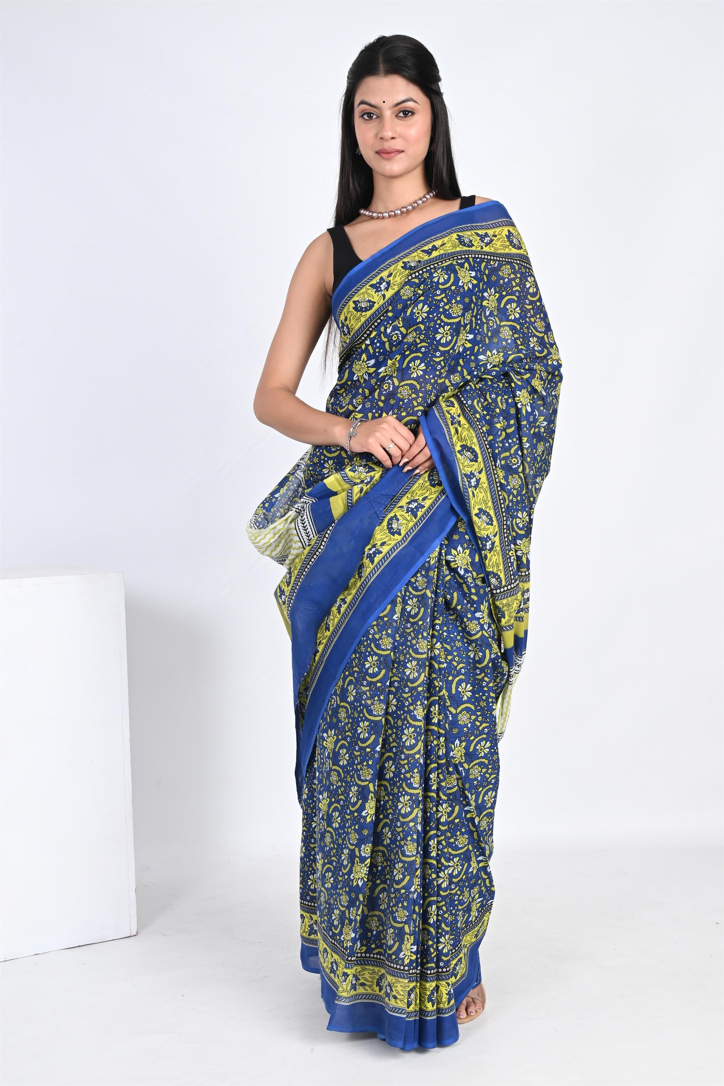 Icy Blue Handblock Printed Pure Cotton Kalamkari Saree - The House of RajPadmini