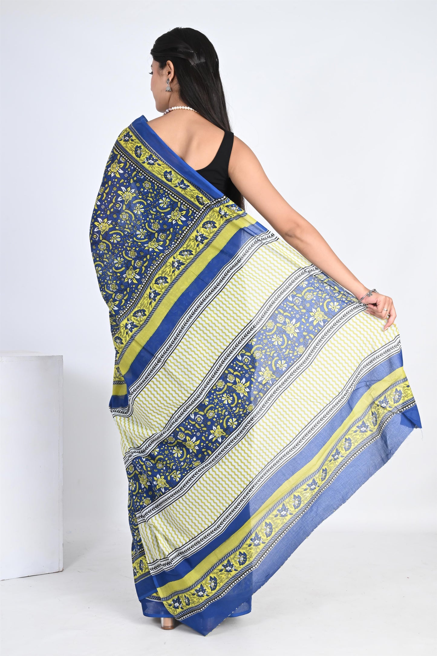 Icy Blue Handblock Printed Pure Cotton Kalamkari Saree - The House of RajPadmini