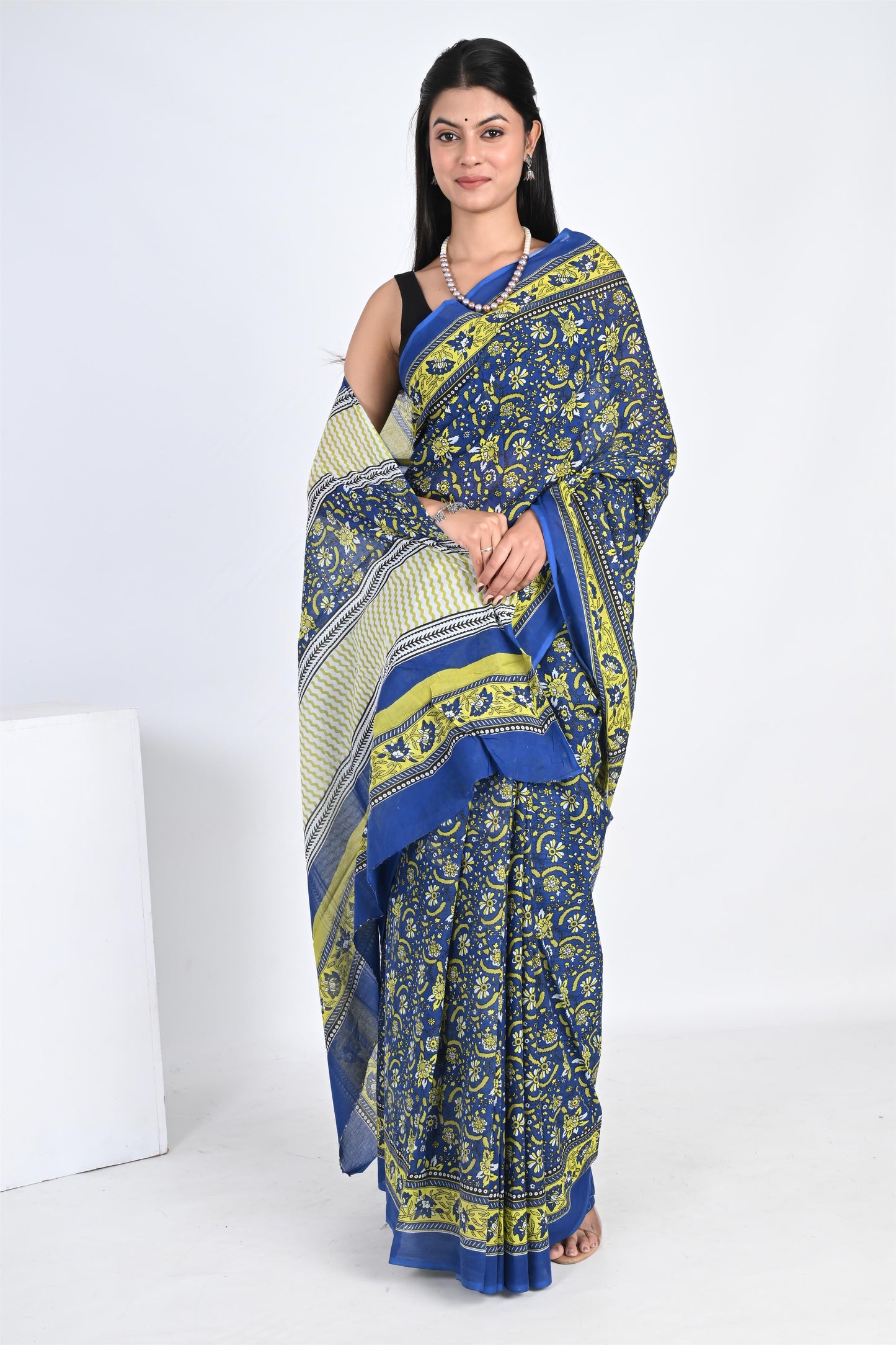 Icy Blue Handblock Printed Pure Cotton Kalamkari Saree - The House of RajPadmini