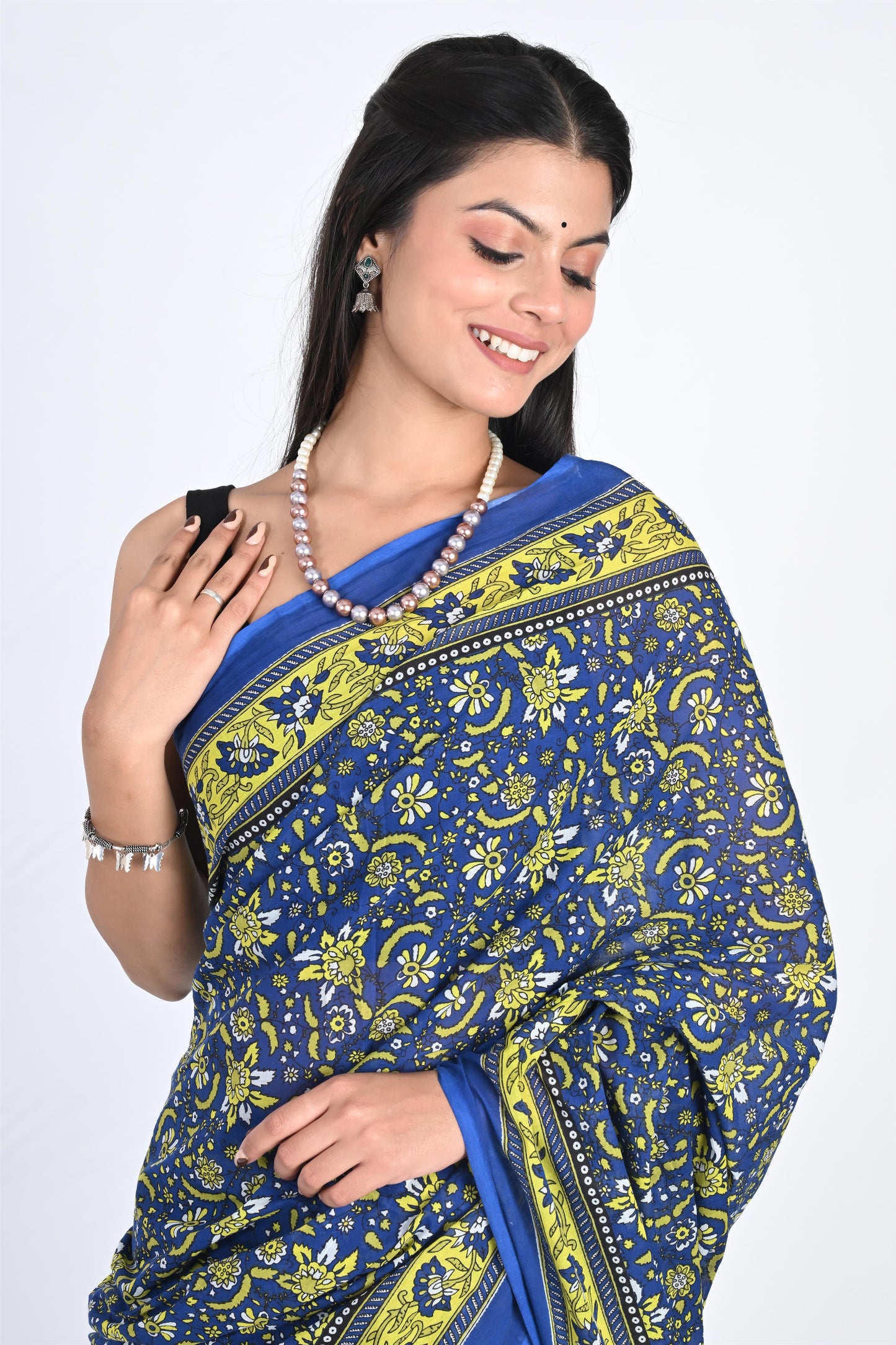 Icy Blue Handblock Printed Pure Cotton Kalamkari Saree - The House of RajPadmini