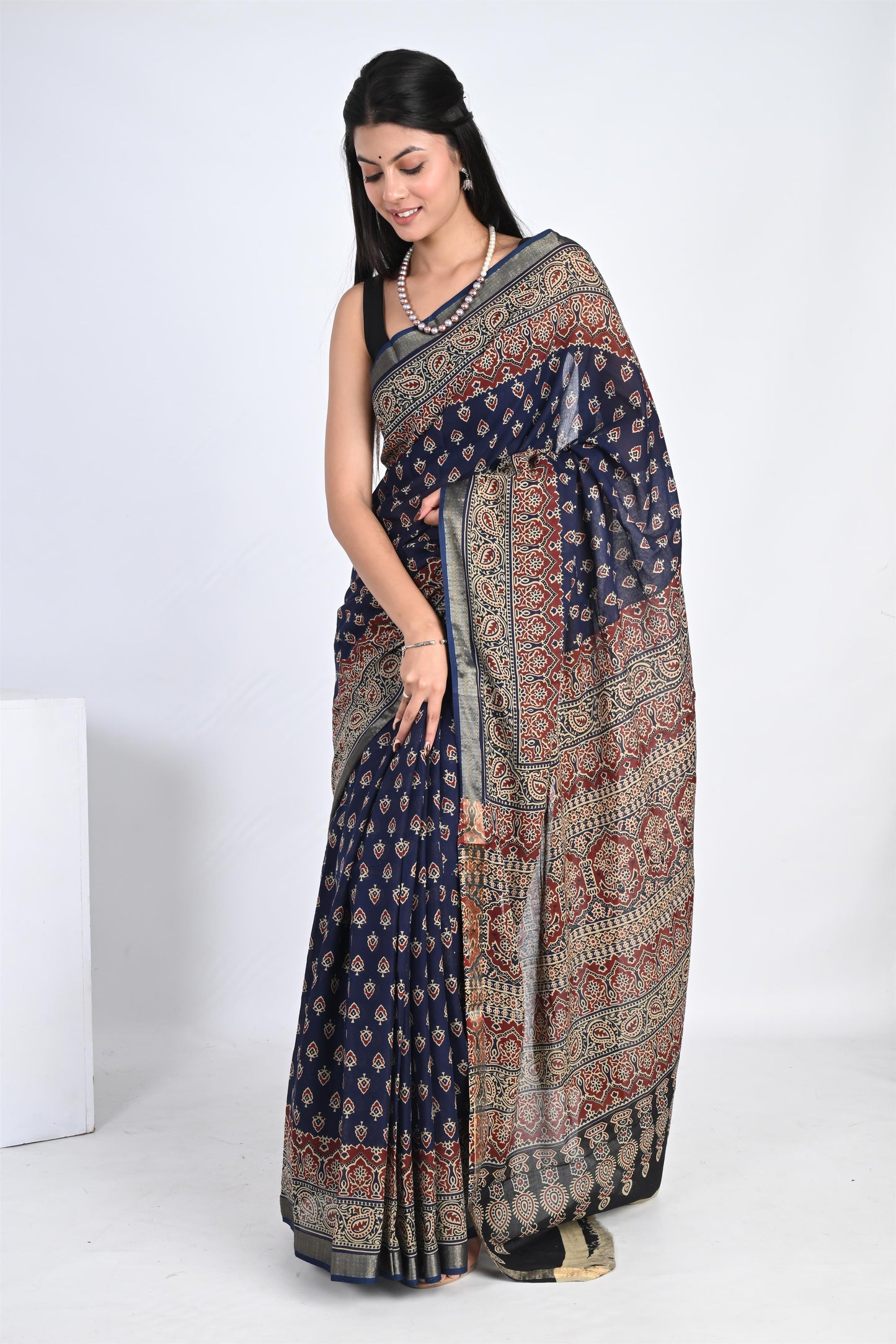 Sapphire Blue Handblock Printed Pure Cotton Kalamkari Saree - The House of RajPadmini