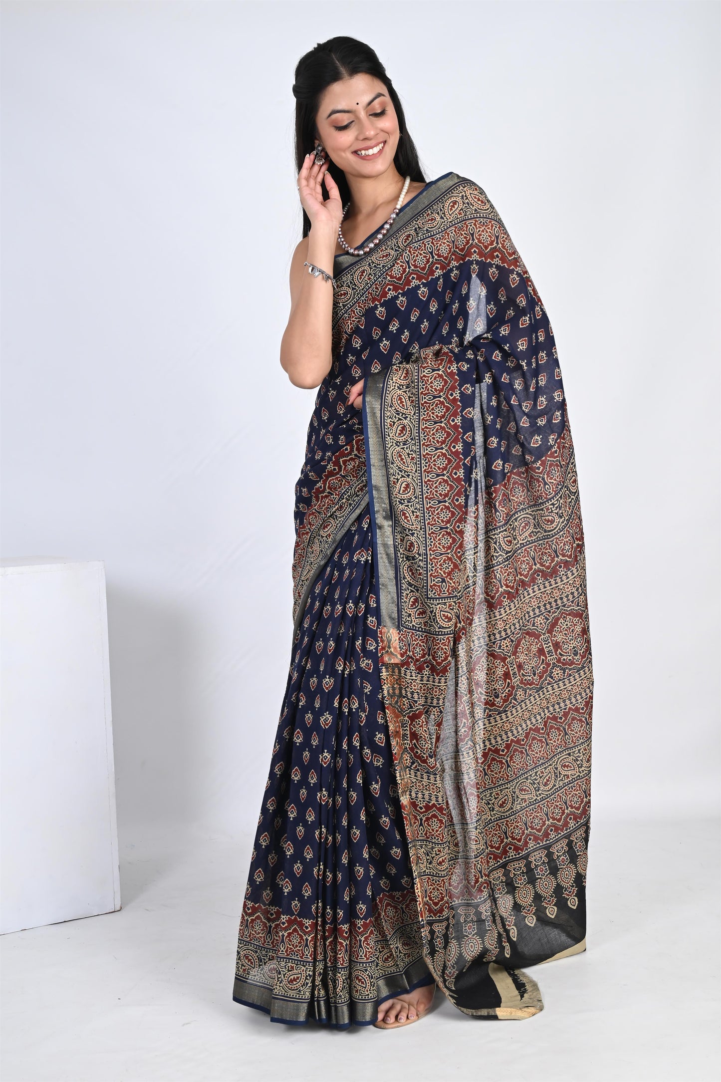 Sapphire Blue Handblock Printed Pure Cotton Kalamkari Saree - The House of RajPadmini