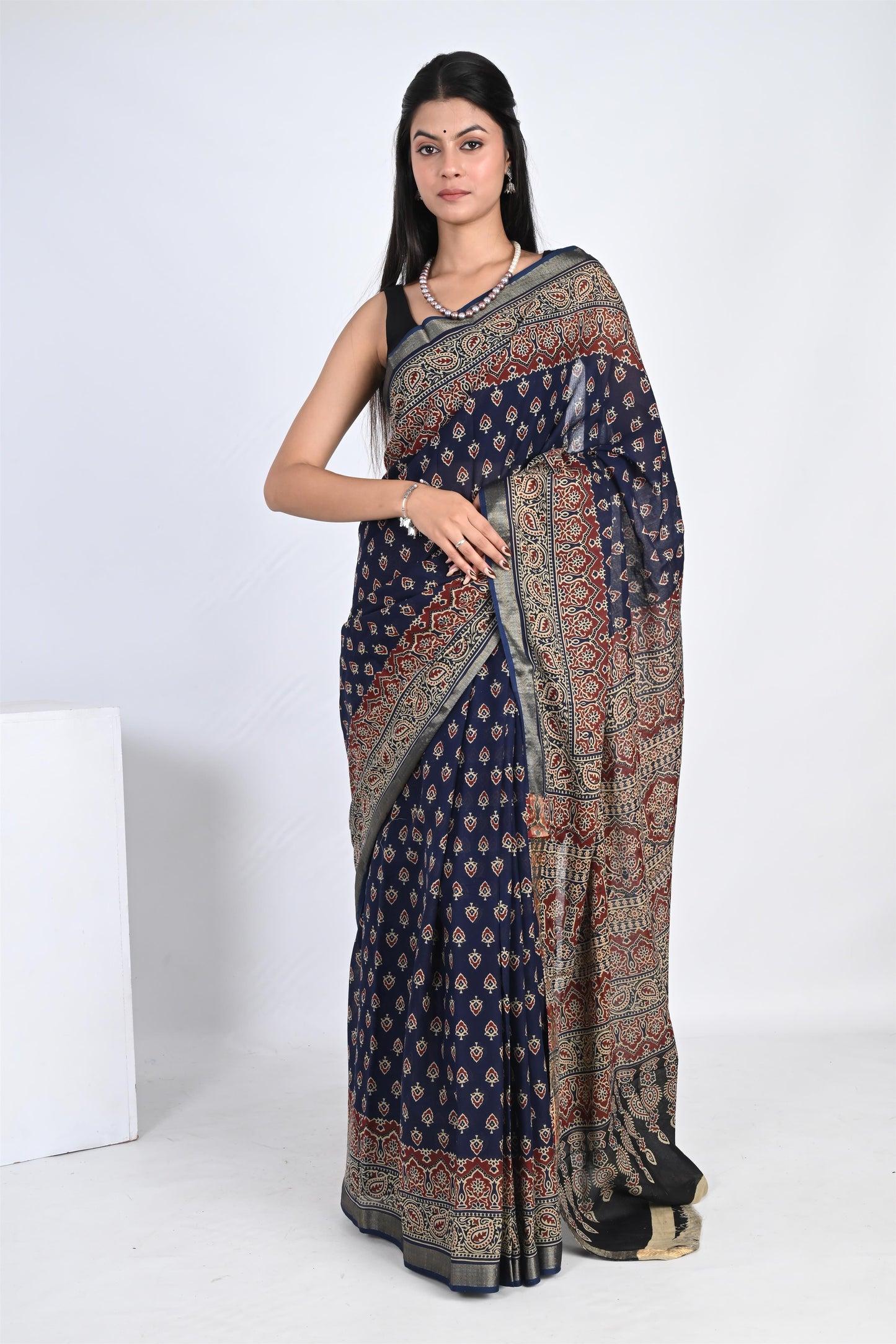Sapphire Blue Handblock Printed Pure Cotton Kalamkari Saree - The House of RajPadmini