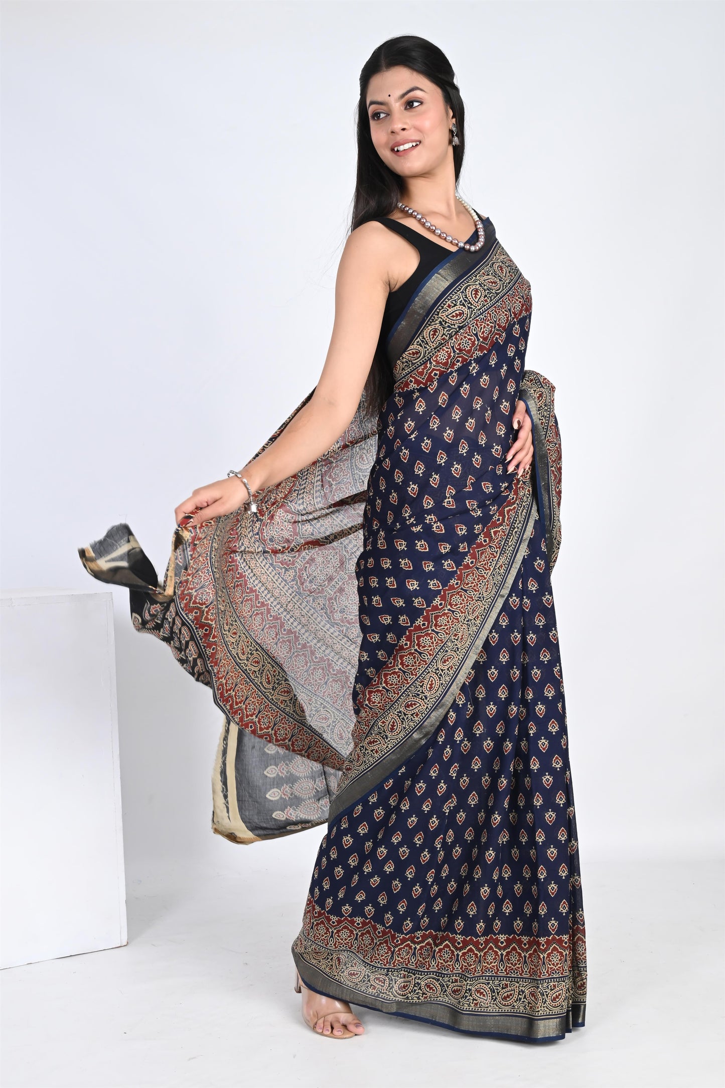 Sapphire Blue Handblock Printed Pure Cotton Kalamkari Saree - The House of RajPadmini