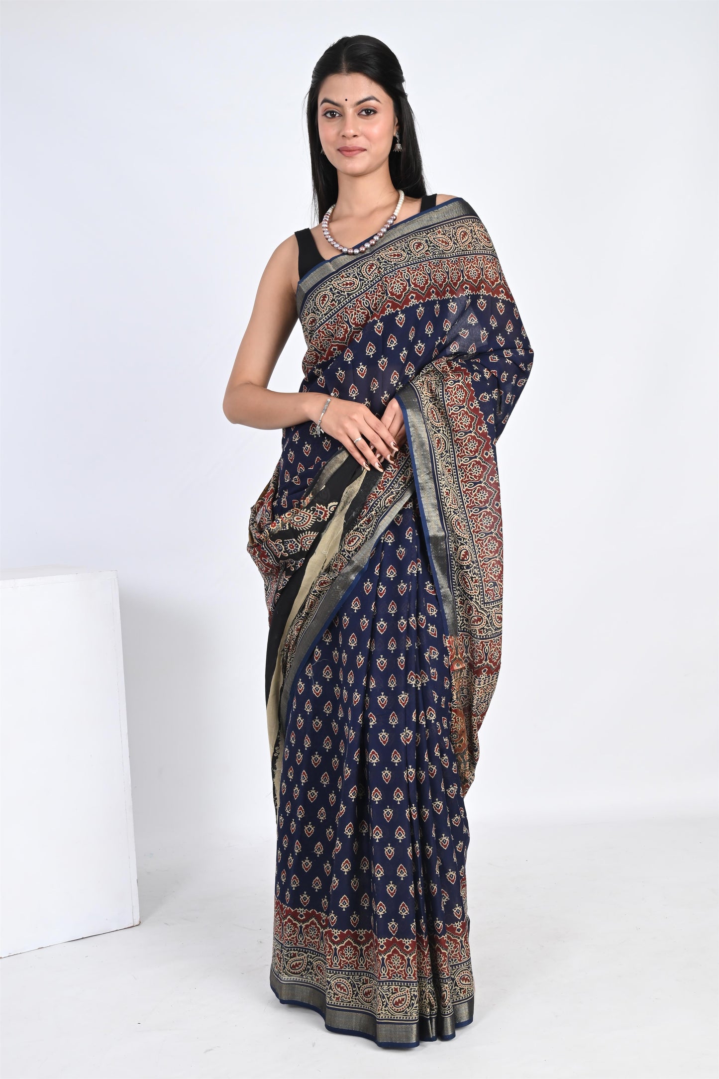 Sapphire Blue Handblock Printed Pure Cotton Kalamkari Saree - The House of RajPadmini