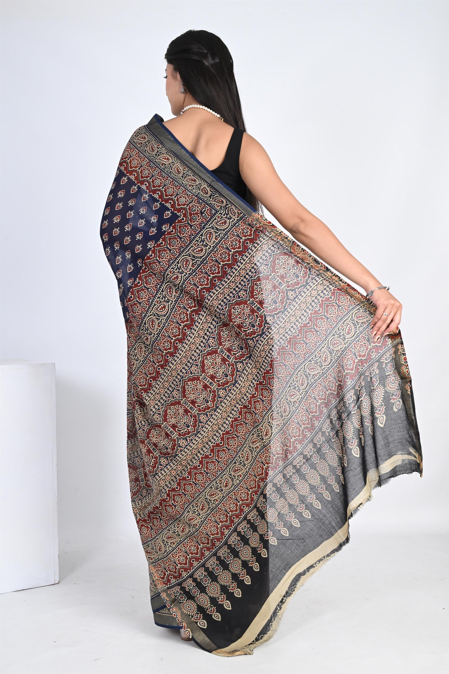 Sapphire Blue Handblock Printed Pure Cotton Kalamkari Saree - The House of RajPadmini