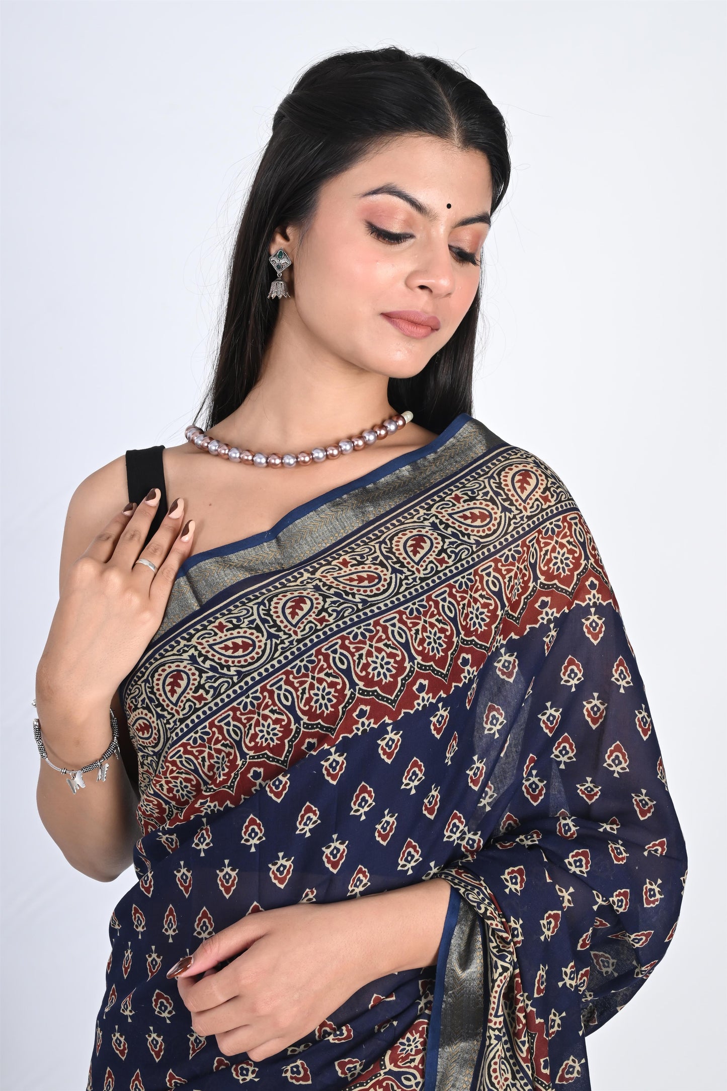 Sapphire Blue Handblock Printed Pure Cotton Kalamkari Saree - The House of RajPadmini