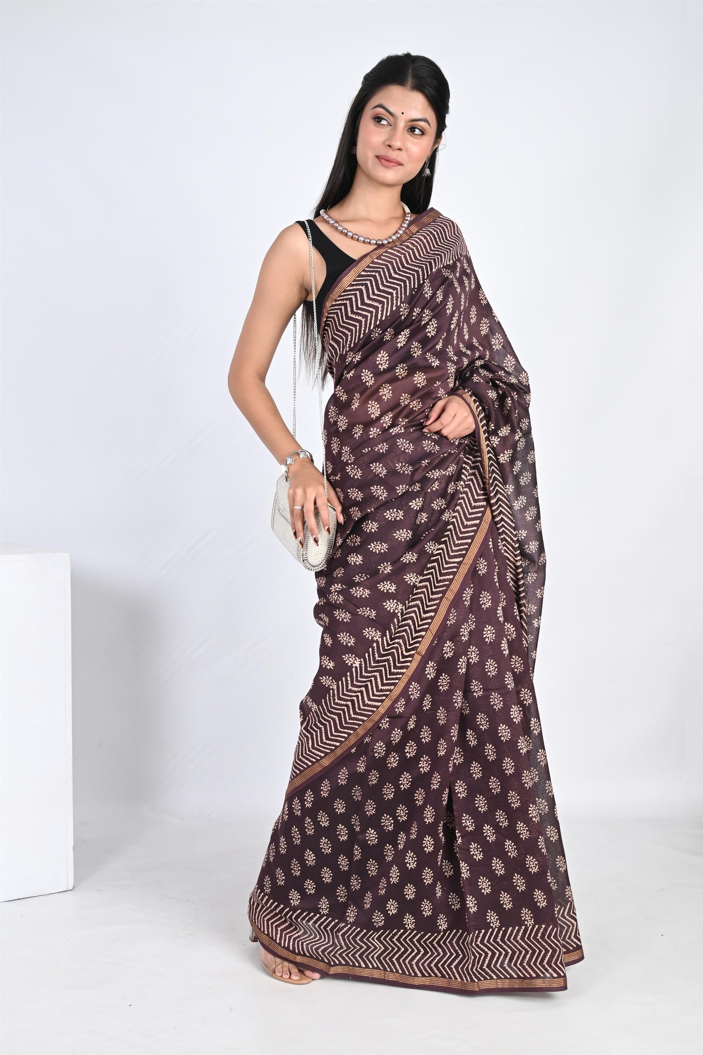 Hand Block Printed Coffee Brown Chanderi Silk Saree - The House of RajPadmini
