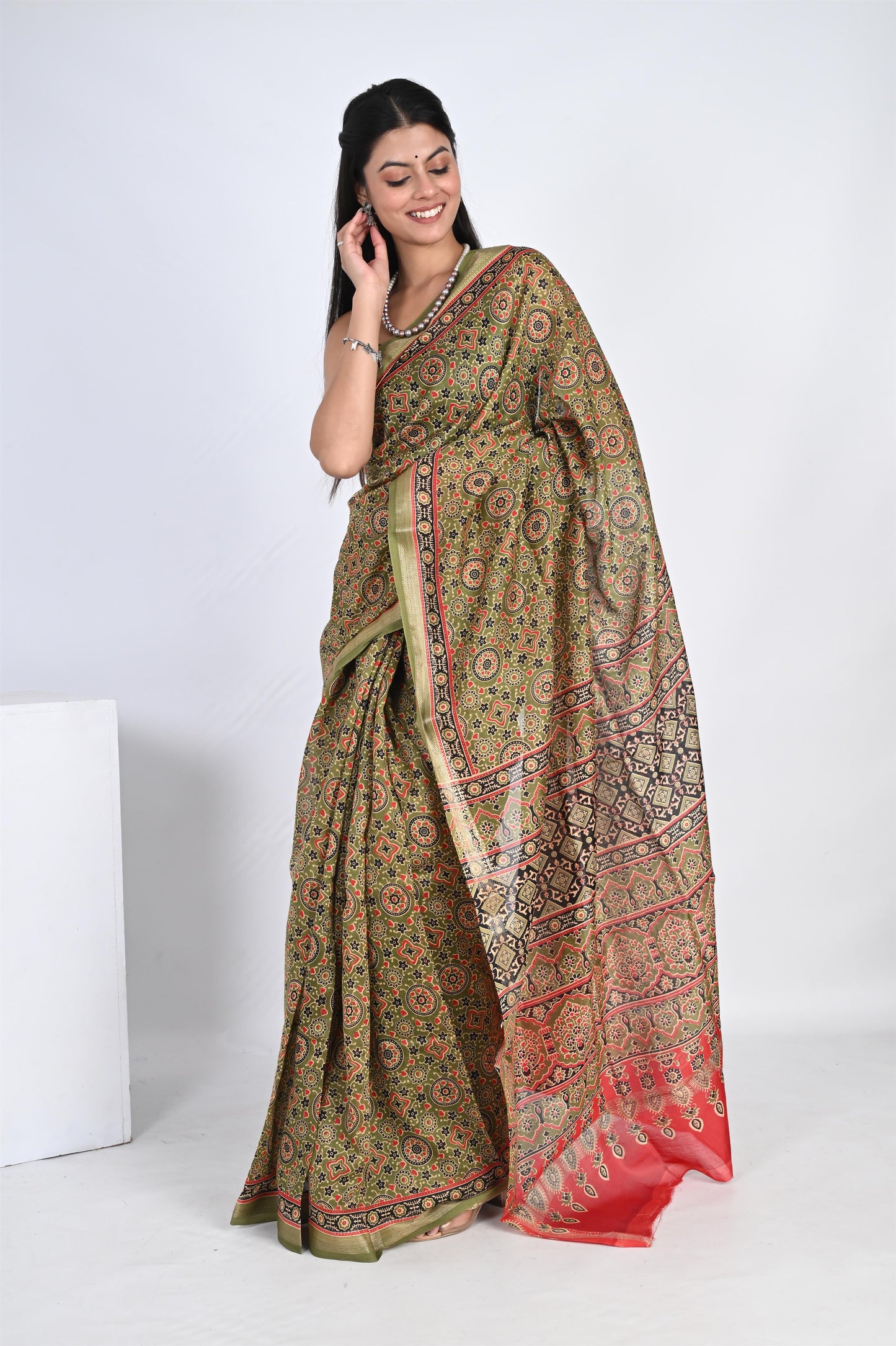 The Mehendi Magic - Hand Block Printed Lush Green Maheshwari Silk Saree - The House of RajPadmini