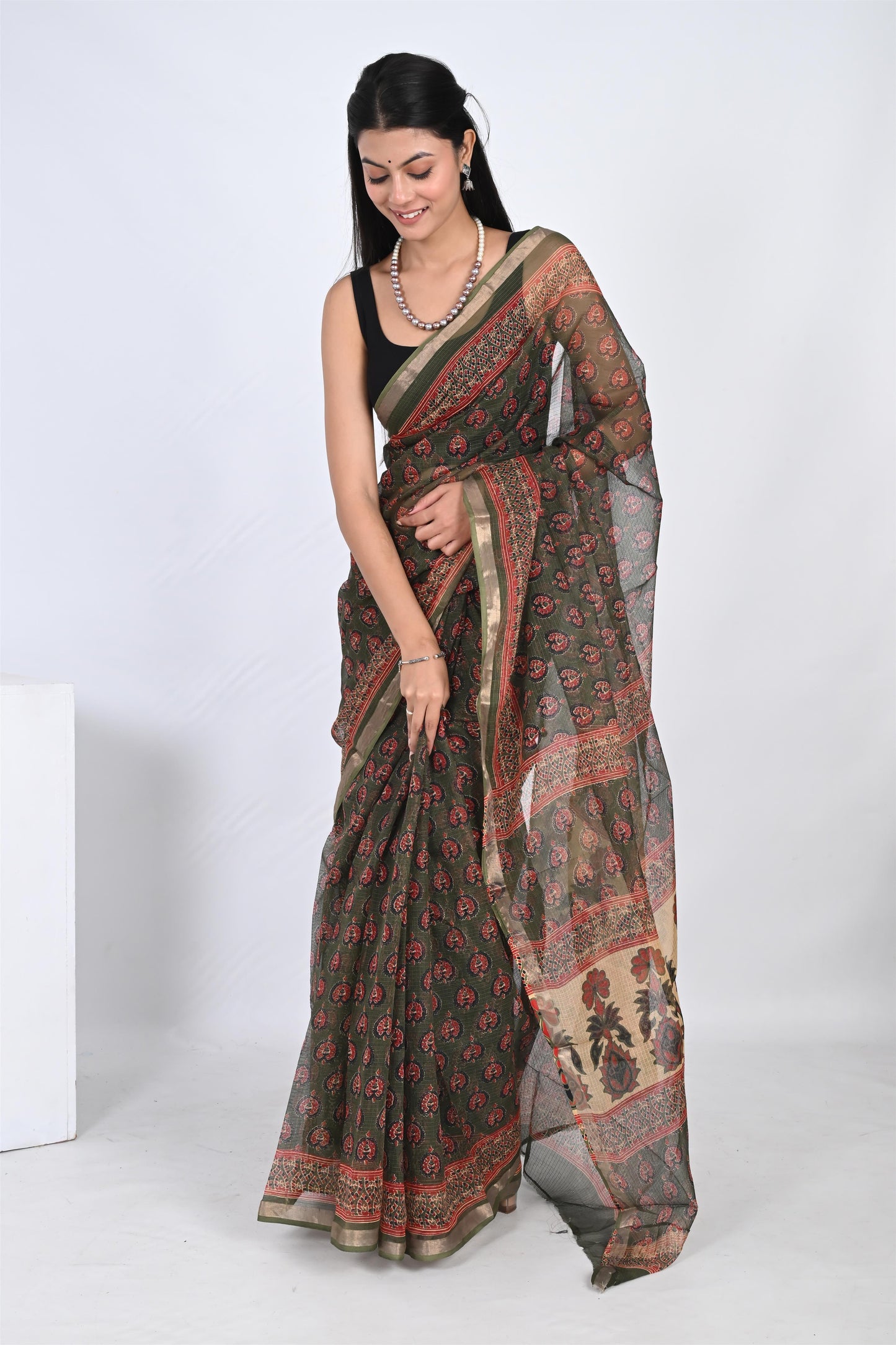 Emerald Green Hand Block Printed Kota Doria Saree - The House of RajPadmini