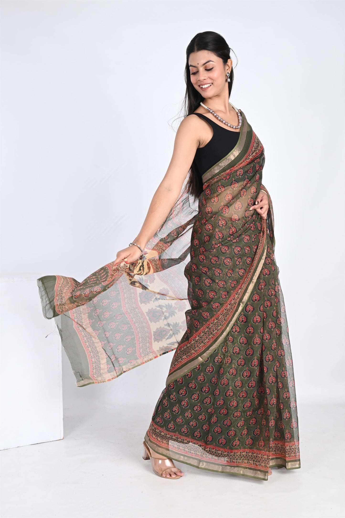 Emerald Green Hand Block Printed Kota Doria Saree - The House of RajPadmini