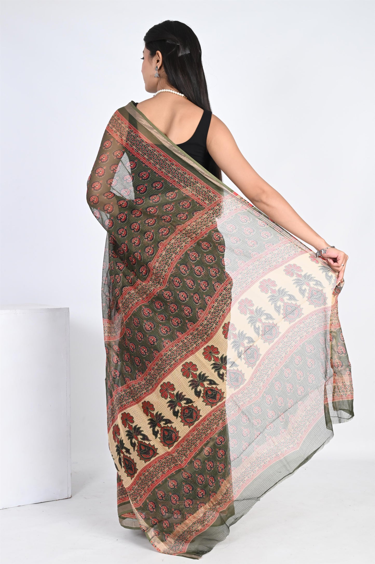 Emerald Green Hand Block Printed Kota Doria Saree - The House of RajPadmini