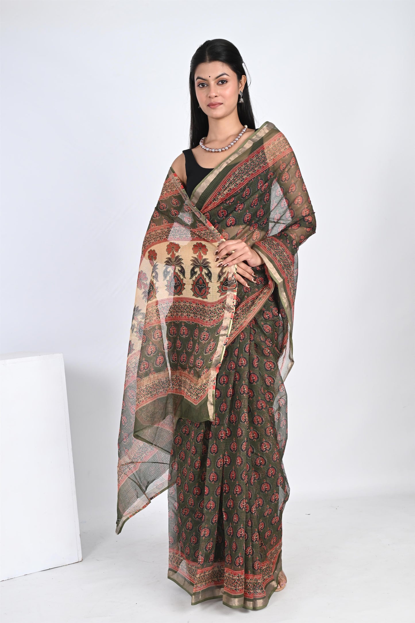 Emerald Green Hand Block Printed Kota Doria Saree - The House of RajPadmini