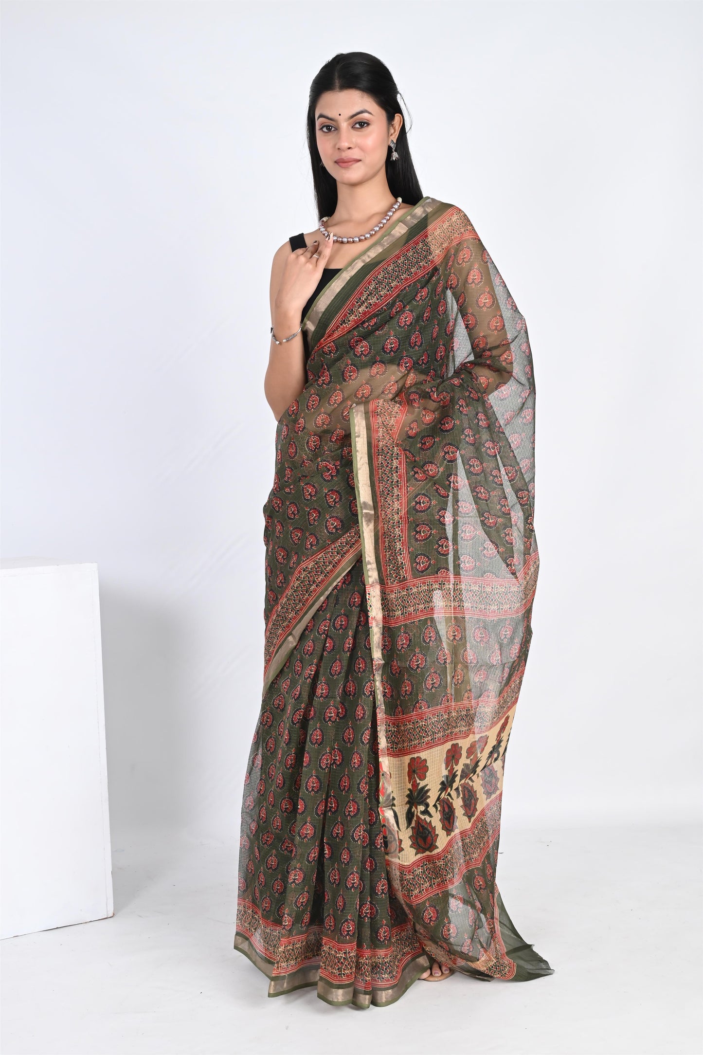 Emerald Green Hand Block Printed Kota Doria Saree - The House of RajPadmini