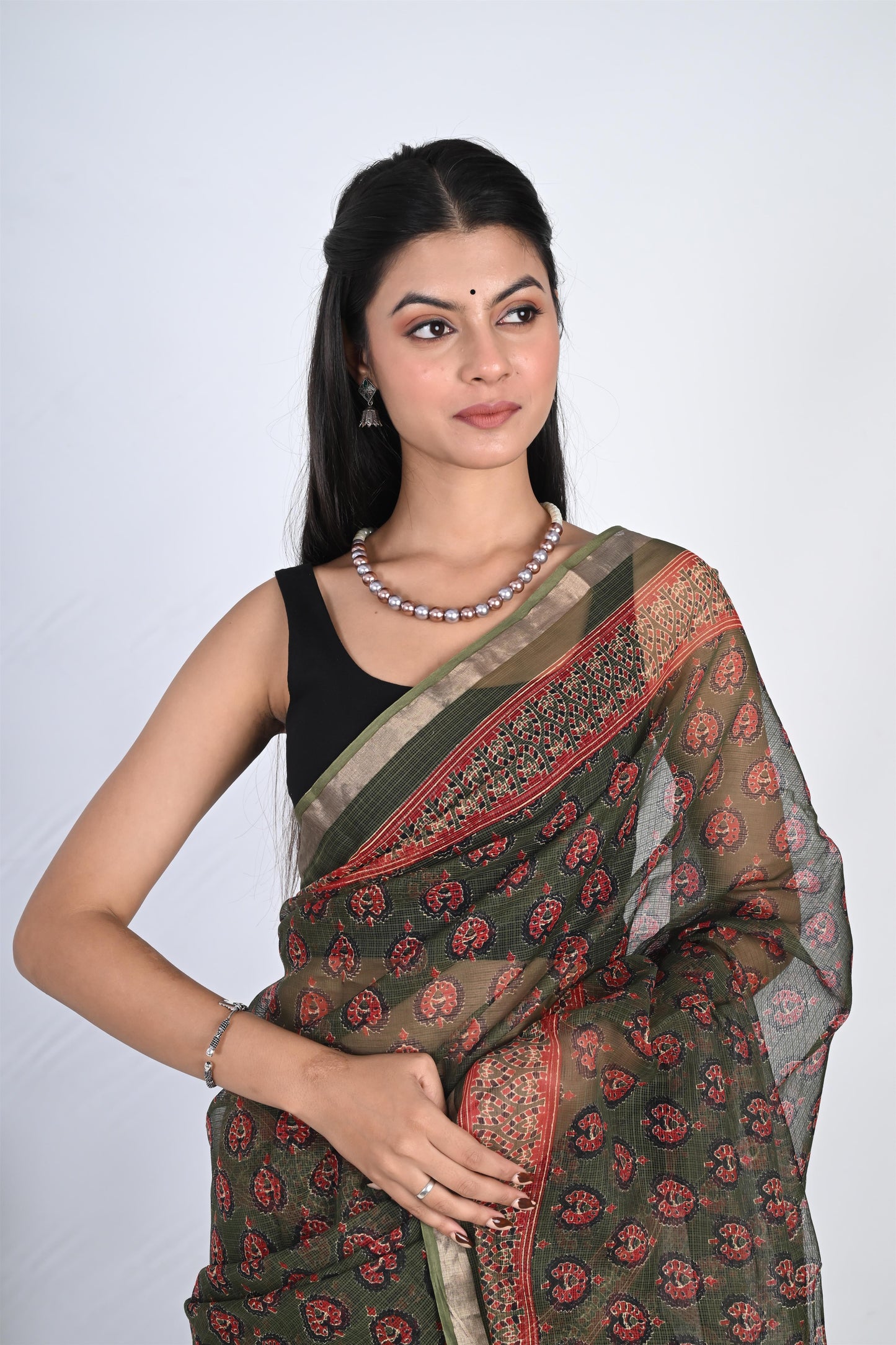 Emerald Green Hand Block Printed Kota Doria Saree - The House of RajPadmini