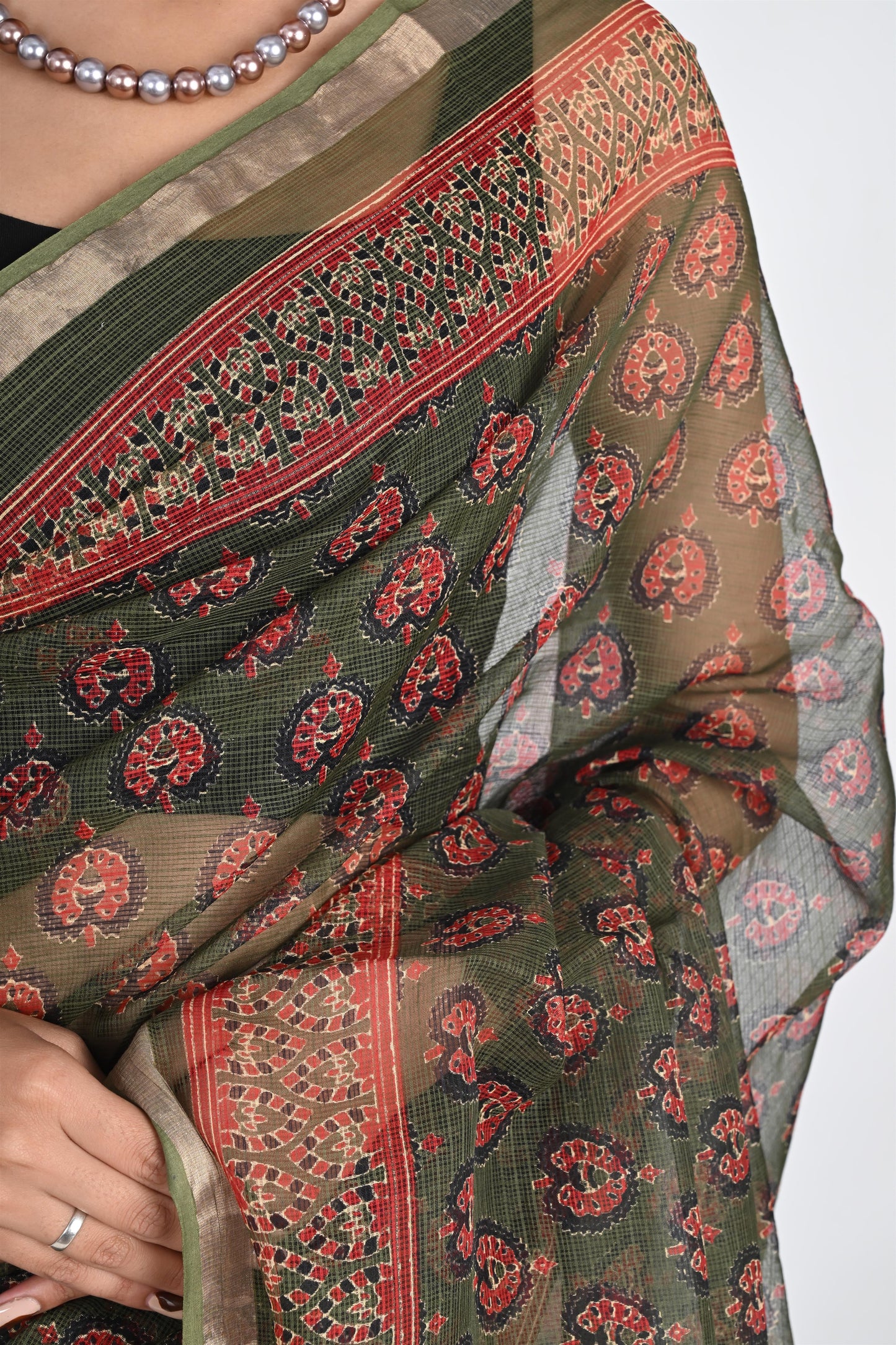 Emerald Green Hand Block Printed Kota Doria Saree - The House of RajPadmini