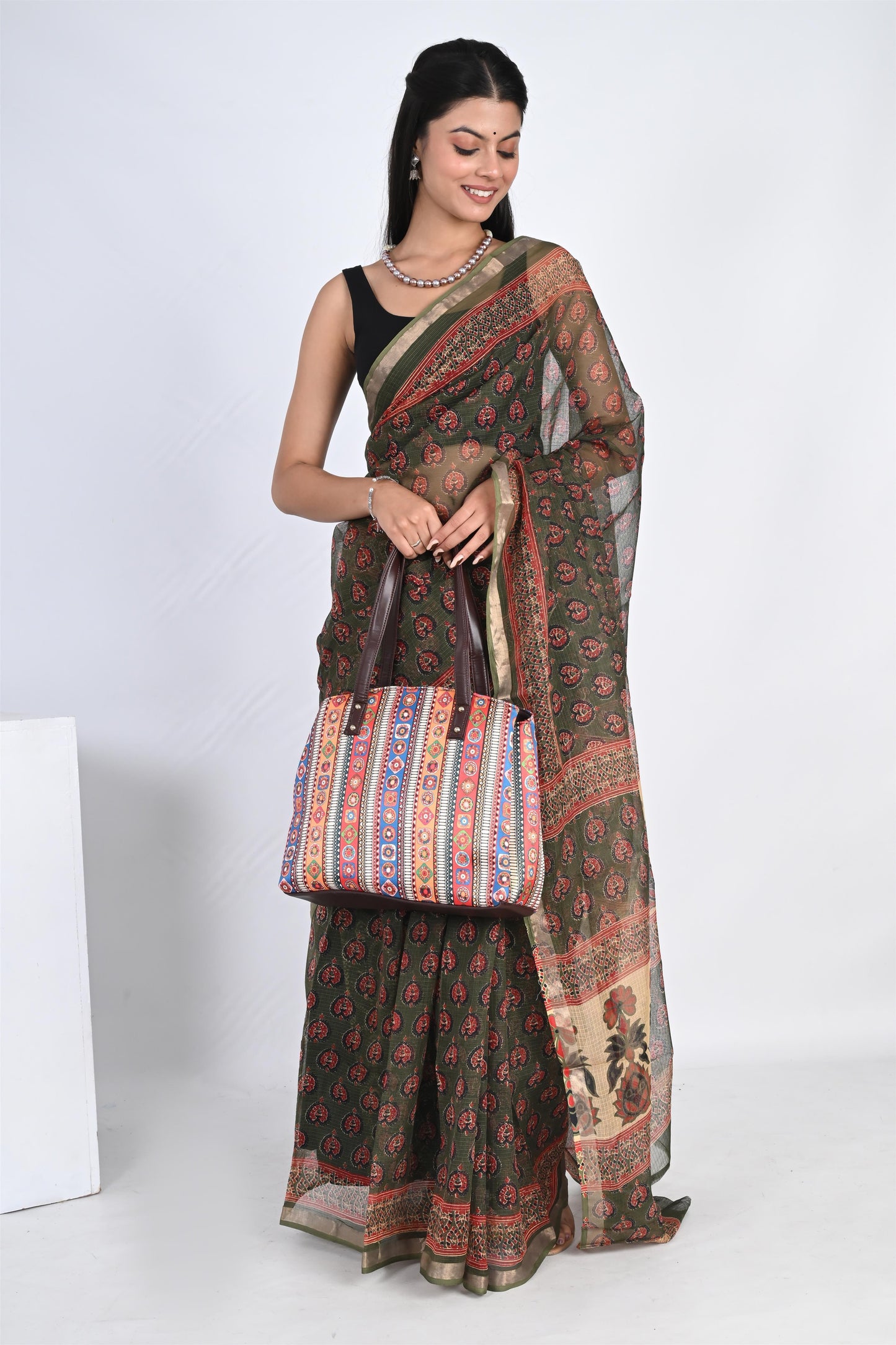 Emerald Green Hand Block Printed Kota Doria Saree - The House of RajPadmini