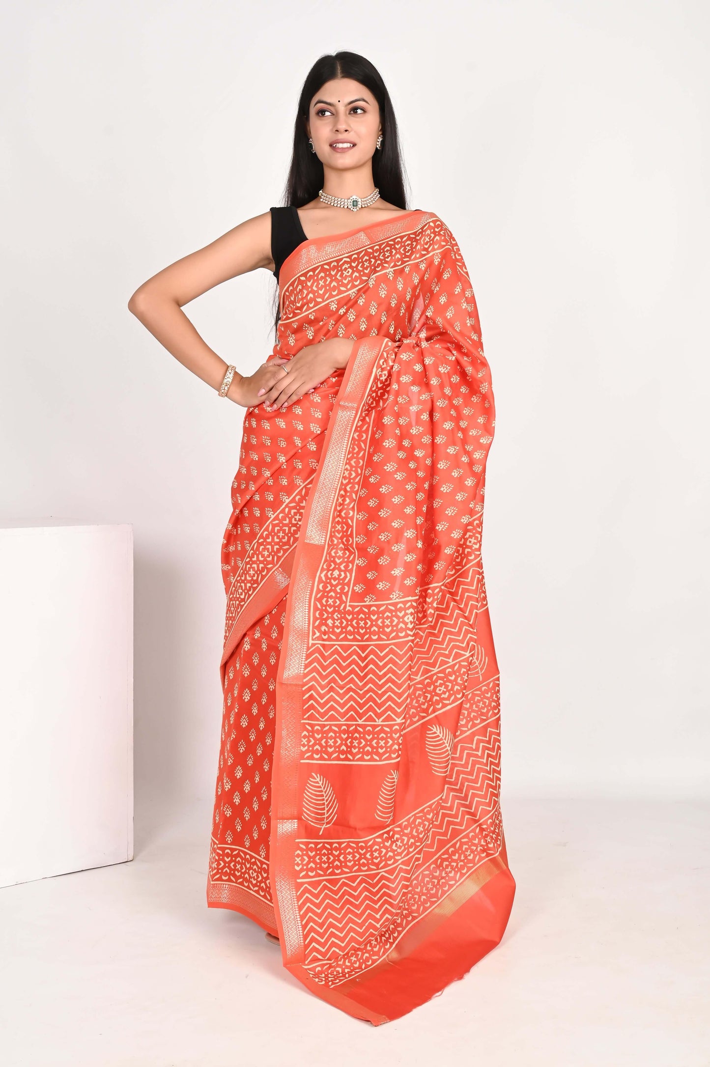 Radiant Orange Maheshwari Silk Saree - The House of RajPadmini