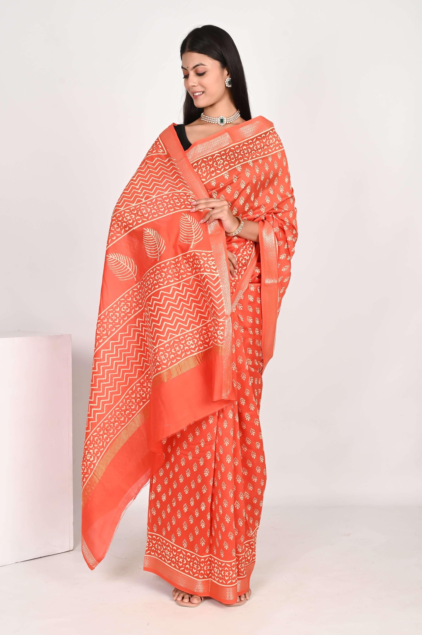 Radiant Orange Maheshwari Silk Saree - The House of RajPadmini