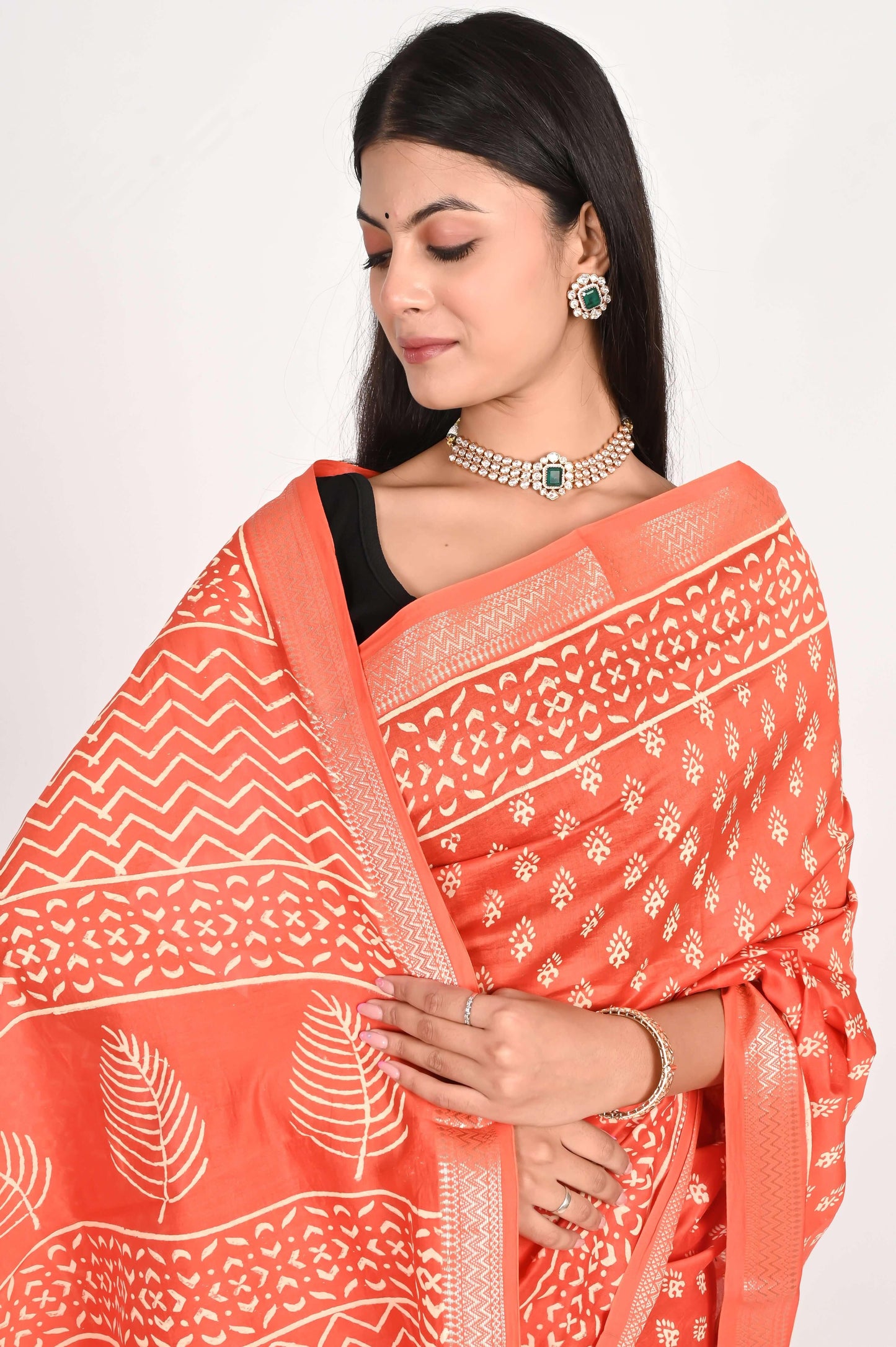 Radiant Orange Maheshwari Silk Saree - The House of RajPadmini