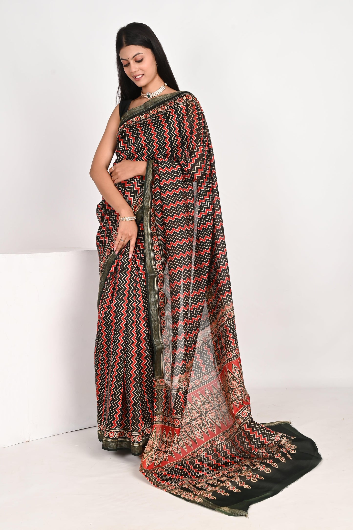 Regal Brown & Black Maheshwari Silk Saree - The House of RajPadmini