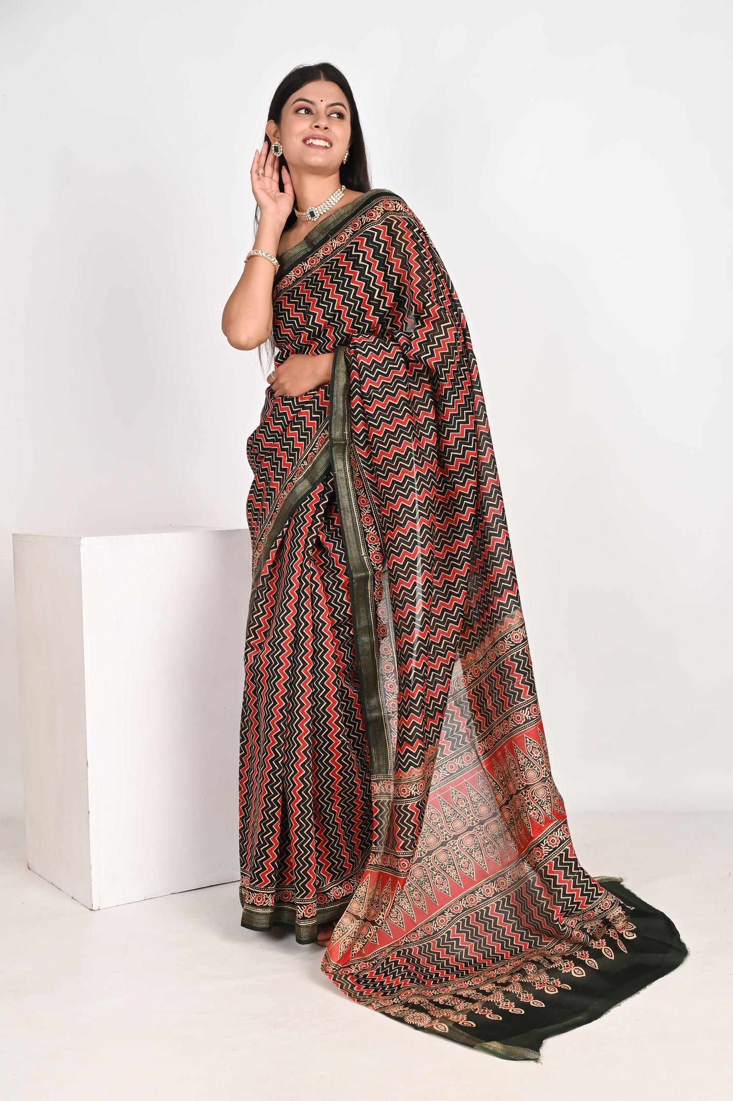 Regal Brown & Black Maheshwari Silk Saree - The House of RajPadmini