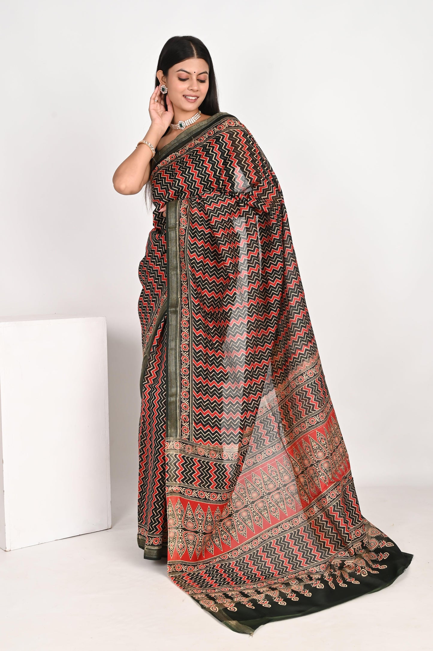 Regal Brown & Black Maheshwari Silk Saree - The House of RajPadmini