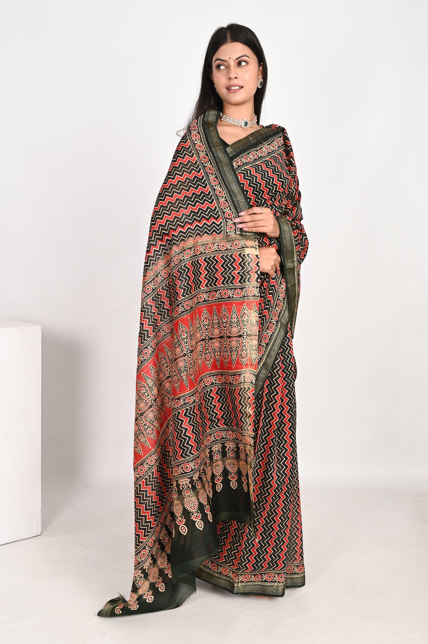 Regal Brown & Black Maheshwari Silk Saree - The House of RajPadmini