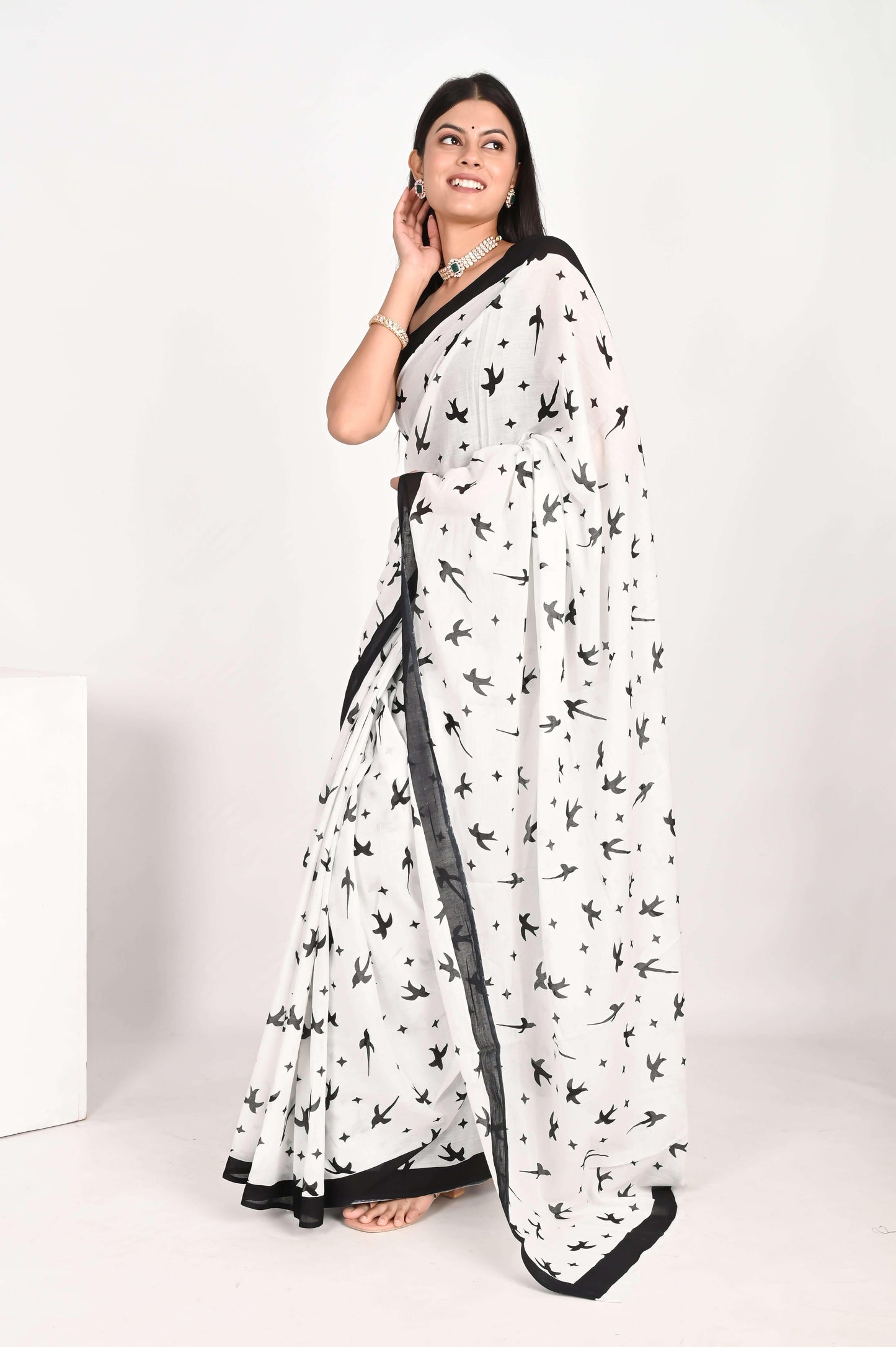 Hand Block Printed White Pure Mulmul Cotton Saree - The House of RajPadmini