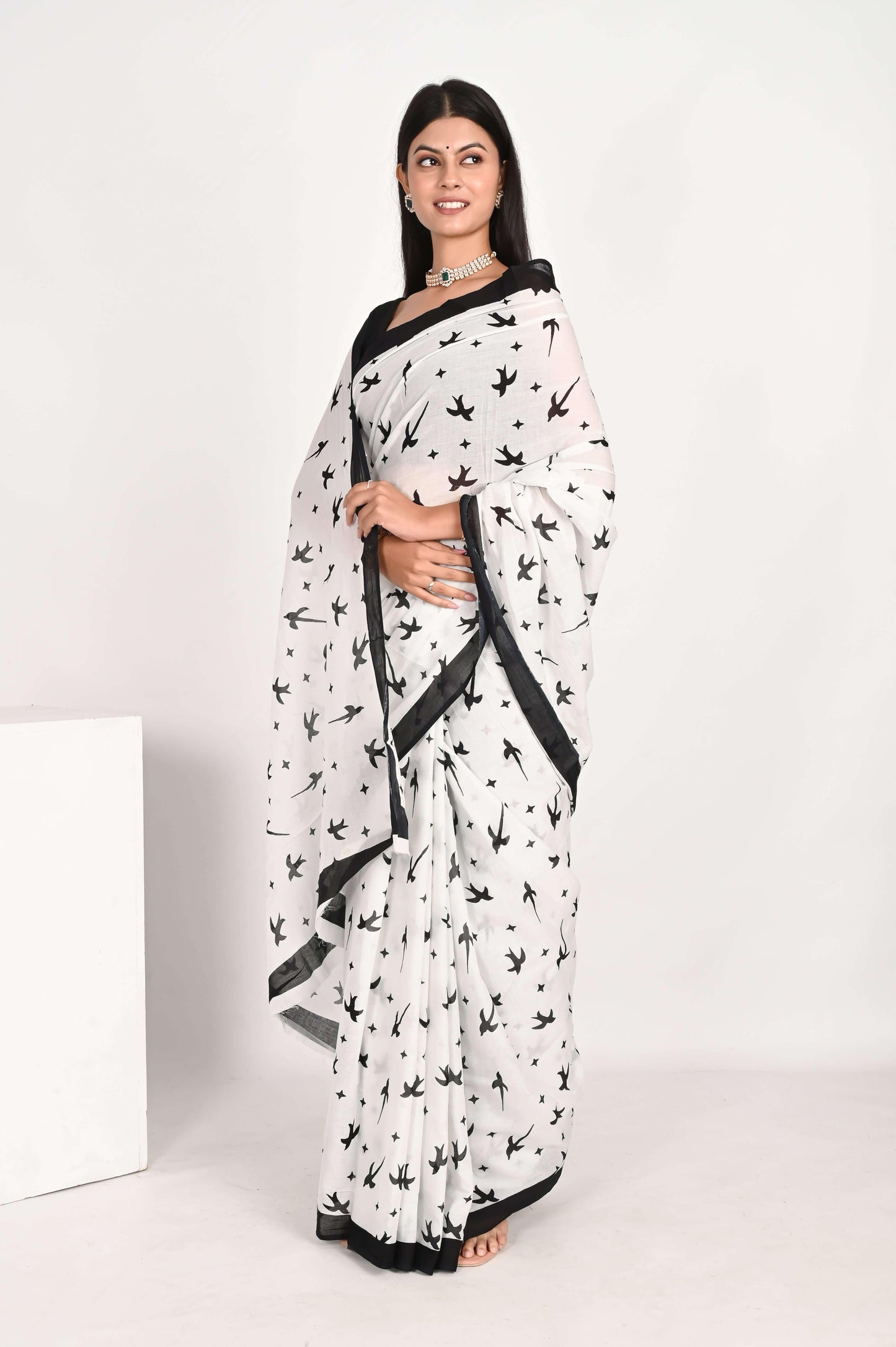 Hand Block Printed White Pure Mulmul Cotton Saree - The House of RajPadmini